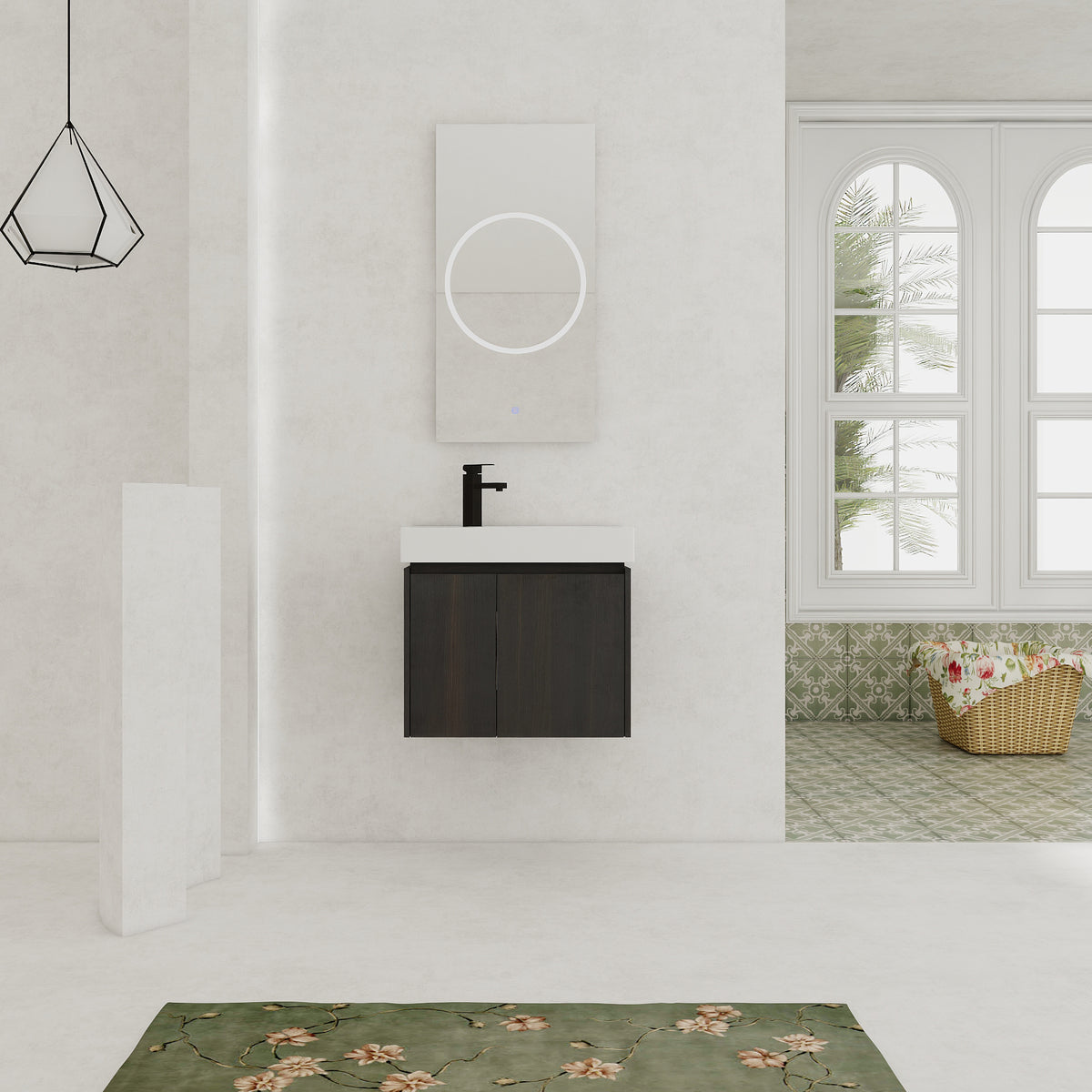 24 Inch Bathroom Vanity with Ceramic Basin, Wall Mounted Floating Vanity Sink Combo, Wooden Storage Cabinet with Double Doors for Bathroom,Black