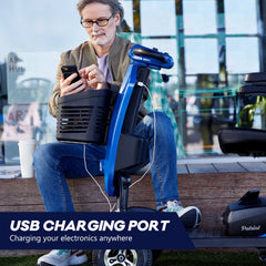 Outdoor compact mobility scooter with windshield ,300W Motor, Travel - Long Range Power Extended Battery with Cup holders , Storage Bag, Rear Basket & USB charger port, BLUE