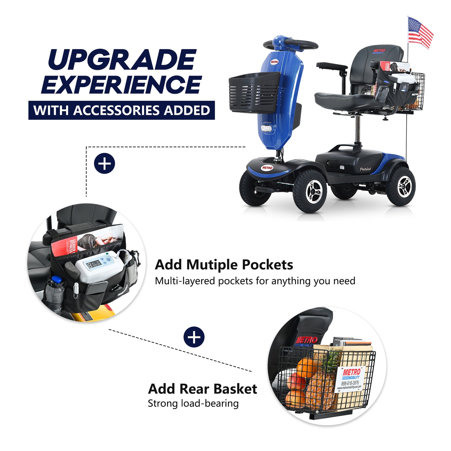 Outdoor compact mobility scooter with windshield ,300W Motor, Travel - Long Range Power Extended Battery with Cup holders , Storage Bag, Rear Basket & USB charger port, BLUE