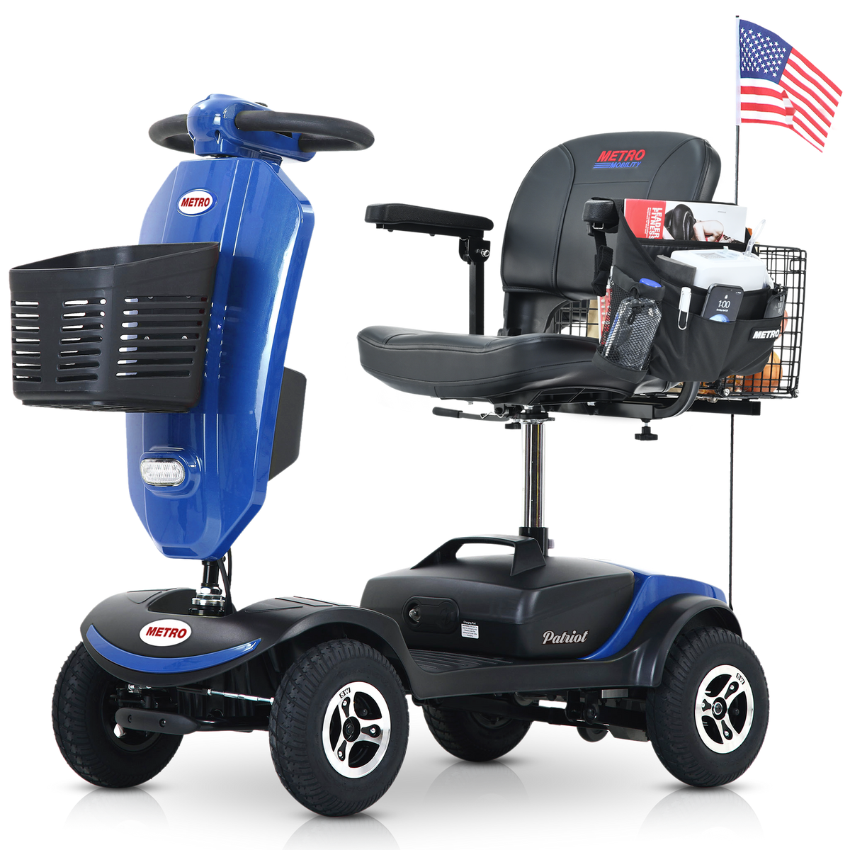 Outdoor compact mobility scooter with windshield ,300W Motor, Travel - Long Range Power Extended Battery with Cup holders , Storage Bag, Rear Basket & USB charger port, BLUE