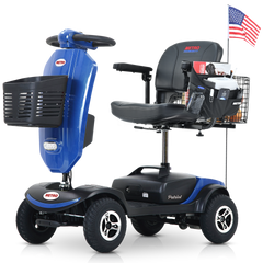 Outdoor compact mobility scooter with windshield ,300W Motor, Travel - Long Range Power Extended Battery with Cup holders , Storage Bag, Rear Basket & USB charger port, BLUE