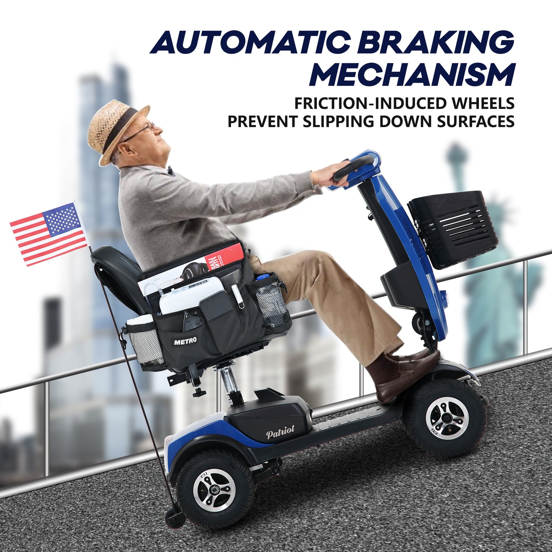 Outdoor compact mobility scooter with windshield ,300W Motor, Travel - Long Range Power Extended Battery with Cup holders , Storage Bag, Rear Basket & USB charger port, BLUE