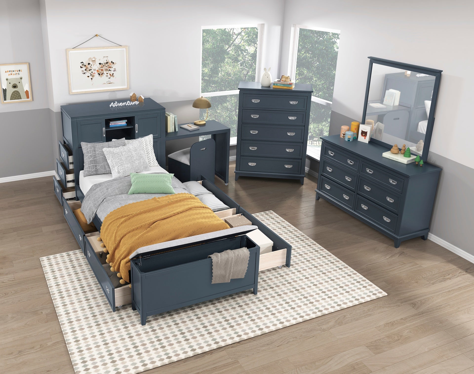 Navy Blue Finish Storage Chest with 5 Drawers Wooden Modern Bedroom Furniture 1pc Vertical Dresser
