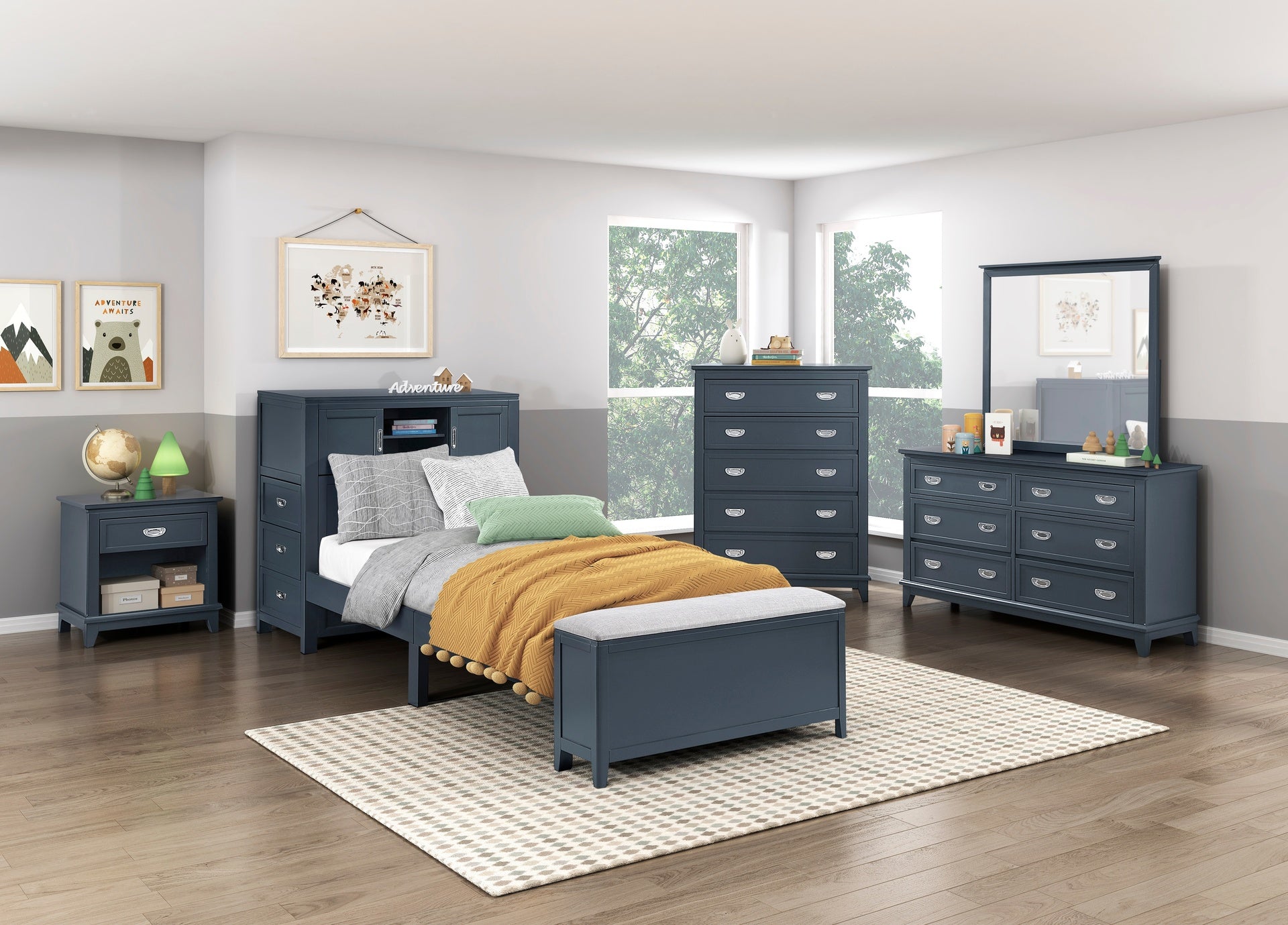 Navy Blue Finish Storage Chest with 5 Drawers Wooden Modern Bedroom Furniture 1pc Vertical Dresser