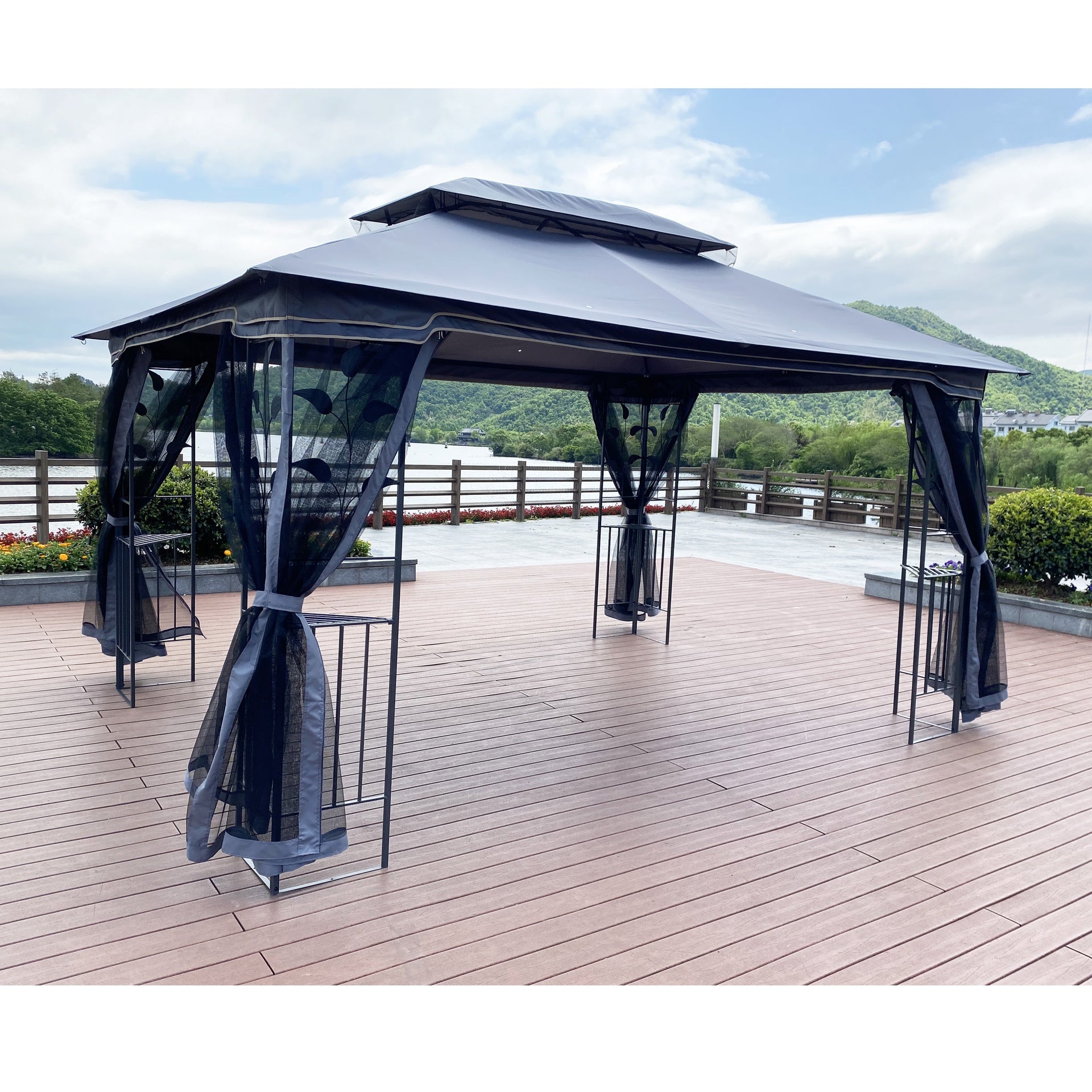 13x10 Outdoor Patio Gazebo Canopy Tent With Ventilated Double Roof And Mosquito net(Detachable Mesh Screen On All Sides),Suitable for Lawn, Garden, Backyard and Deck,Gray Top