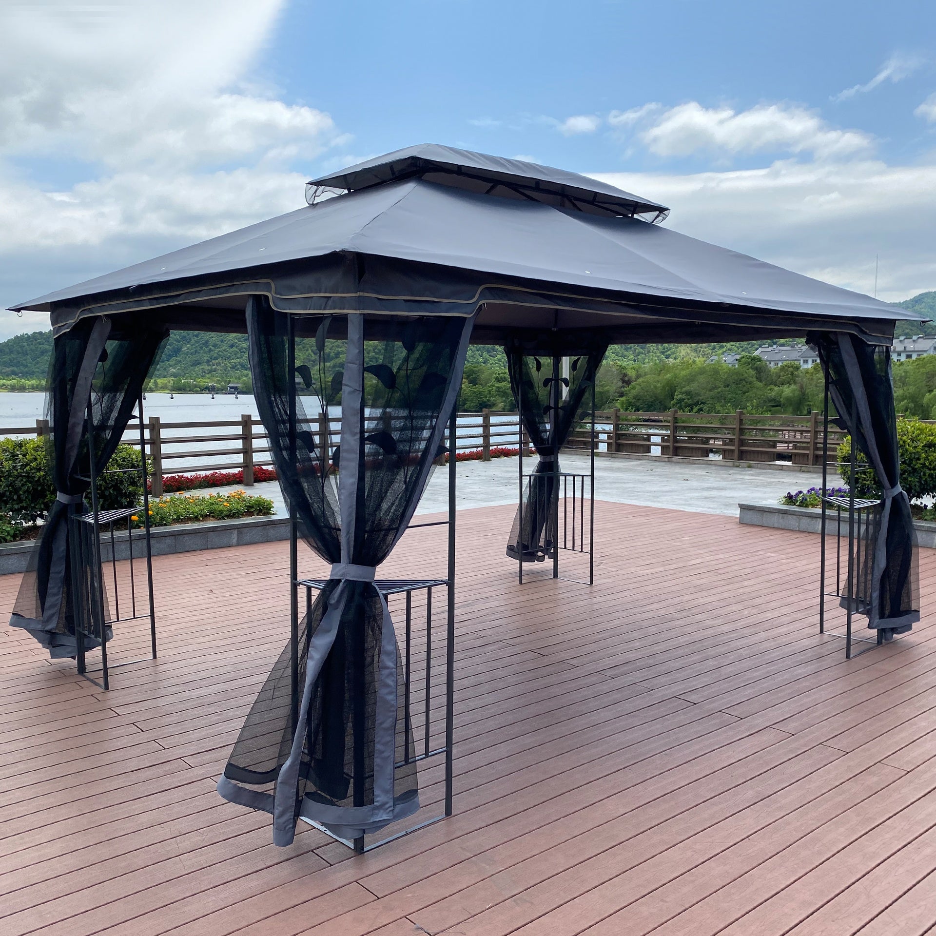 13x10 Outdoor Patio Gazebo Canopy Tent With Ventilated Double Roof And Mosquito net(Detachable Mesh Screen On All Sides),Suitable for Lawn, Garden, Backyard and Deck,Gray Top