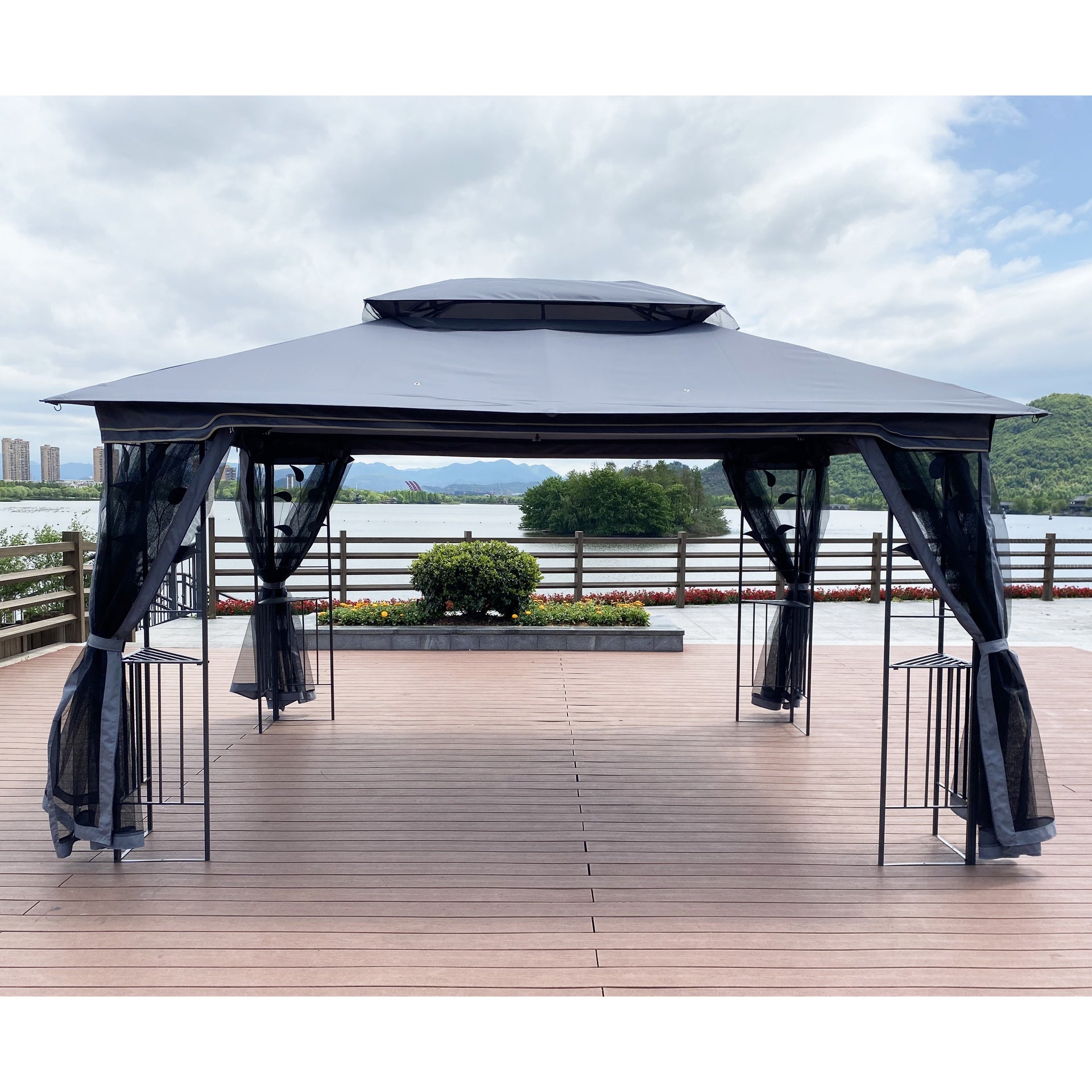 13x10 Outdoor Patio Gazebo Canopy Tent With Ventilated Double Roof And Mosquito net(Detachable Mesh Screen On All Sides),Suitable for Lawn, Garden, Backyard and Deck,Gray Top