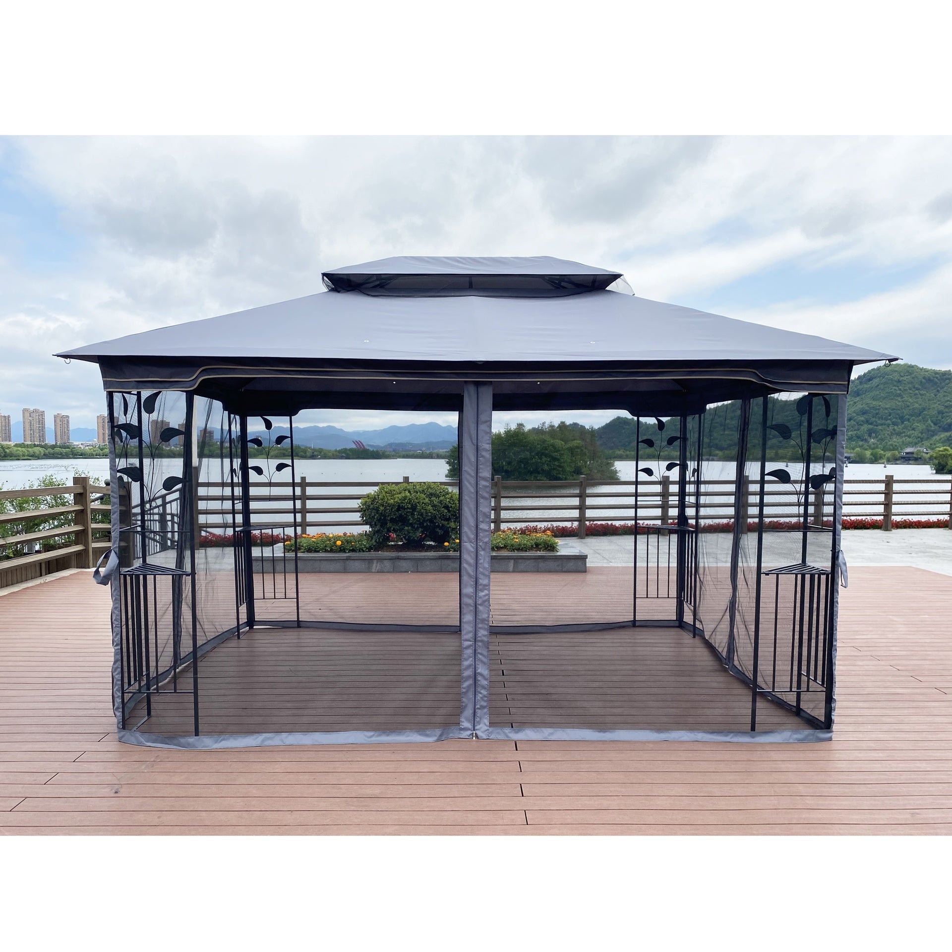 13x10 Outdoor Patio Gazebo Canopy Tent With Ventilated Double Roof And Mosquito net(Detachable Mesh Screen On All Sides),Suitable for Lawn, Garden, Backyard and Deck,Gray Top