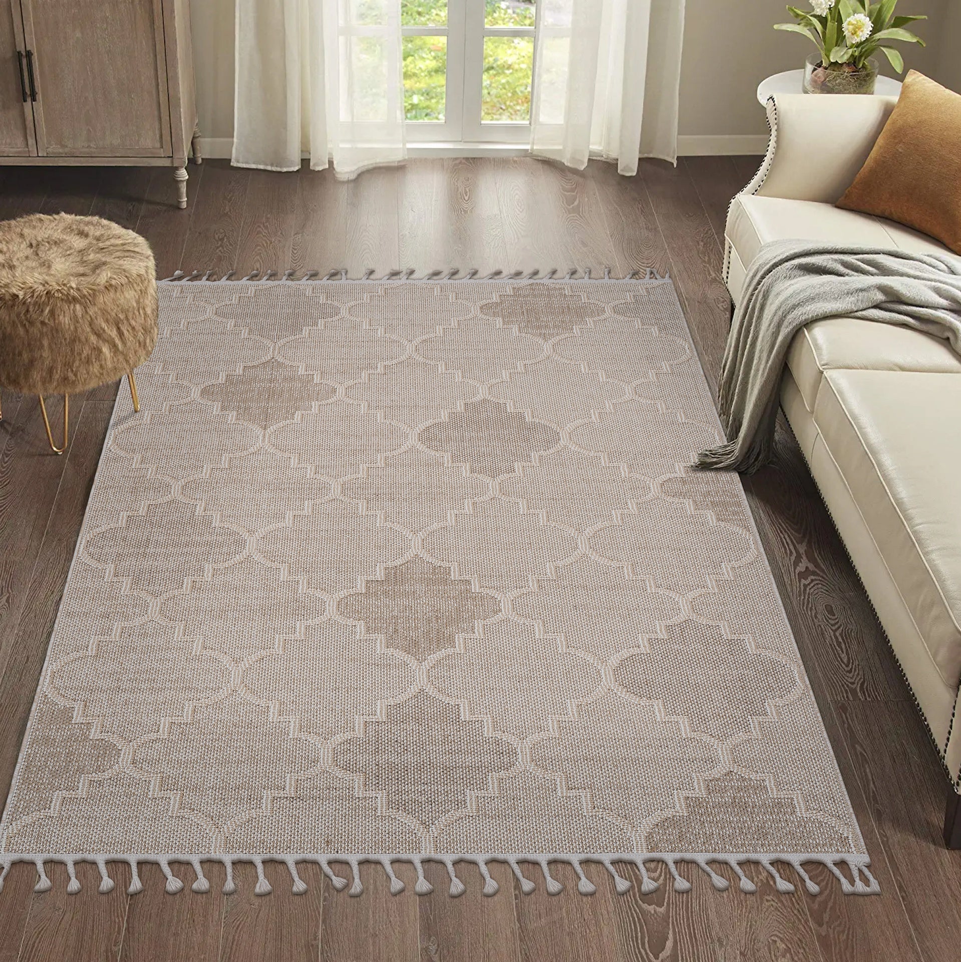 Guros Collection 5X7 Cream / Trellis Indoor / Outdoor Area Rug