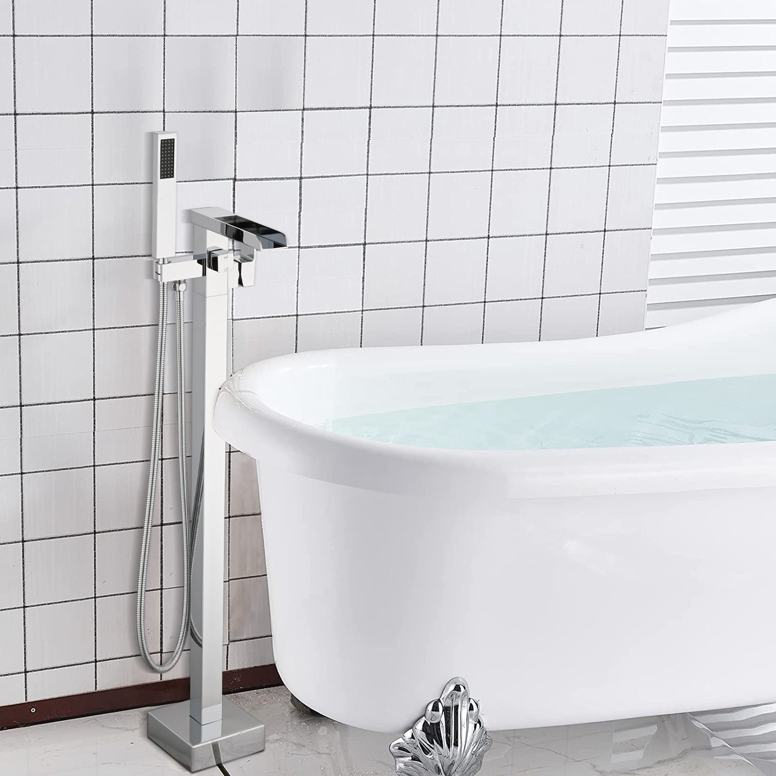 Bathroom Freestanding Waterfall Tub filler Matte Black Floor Mount Faucet with Hand Shower