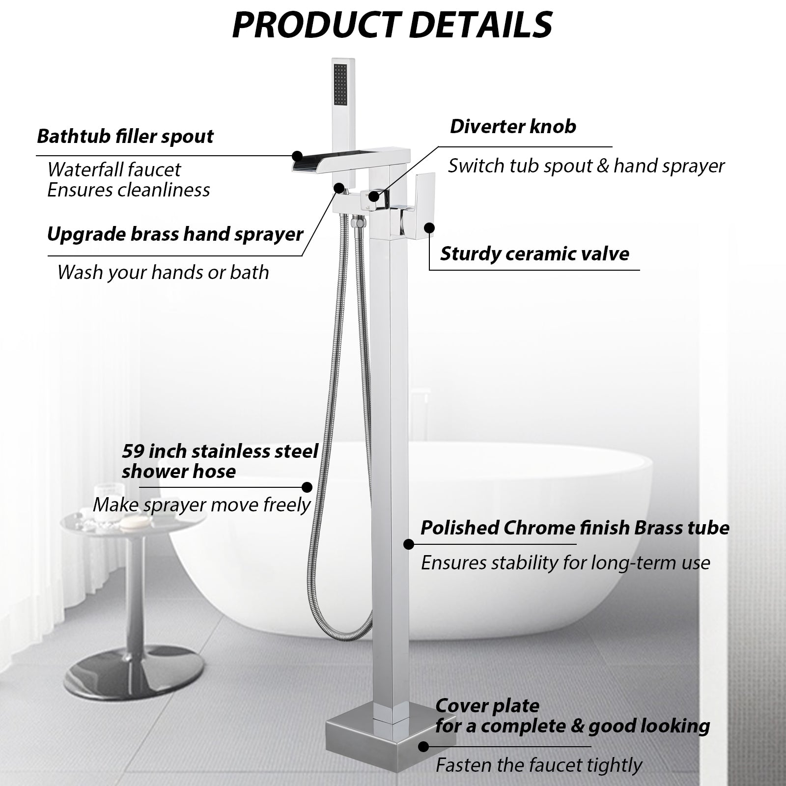 Bathroom Freestanding Waterfall Tub filler Matte Black Floor Mount Faucet with Hand Shower