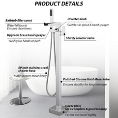 Bathroom Freestanding Waterfall Tub filler Matte Black Floor Mount Faucet with Hand Shower