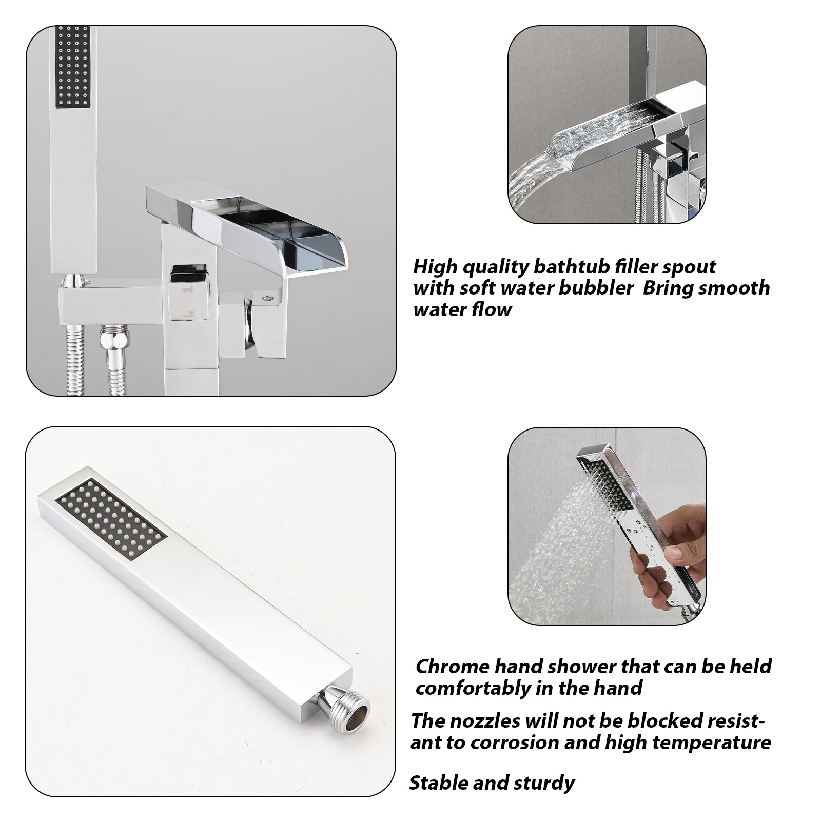 Bathroom Freestanding Waterfall Tub filler Matte Black Floor Mount Faucet with Hand Shower