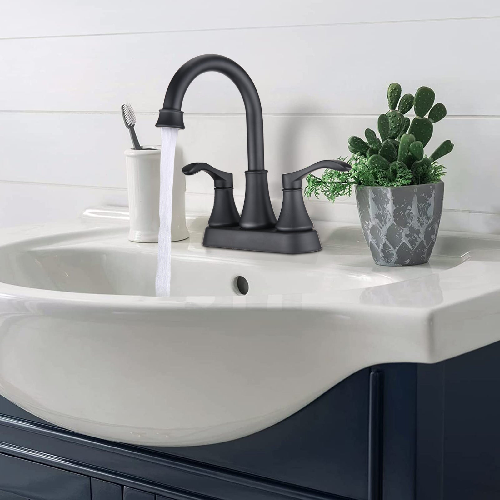4 inches Centerset Bathroom Faucet 360° Swivel Spout, with Pop Up Drain - Matte Black
