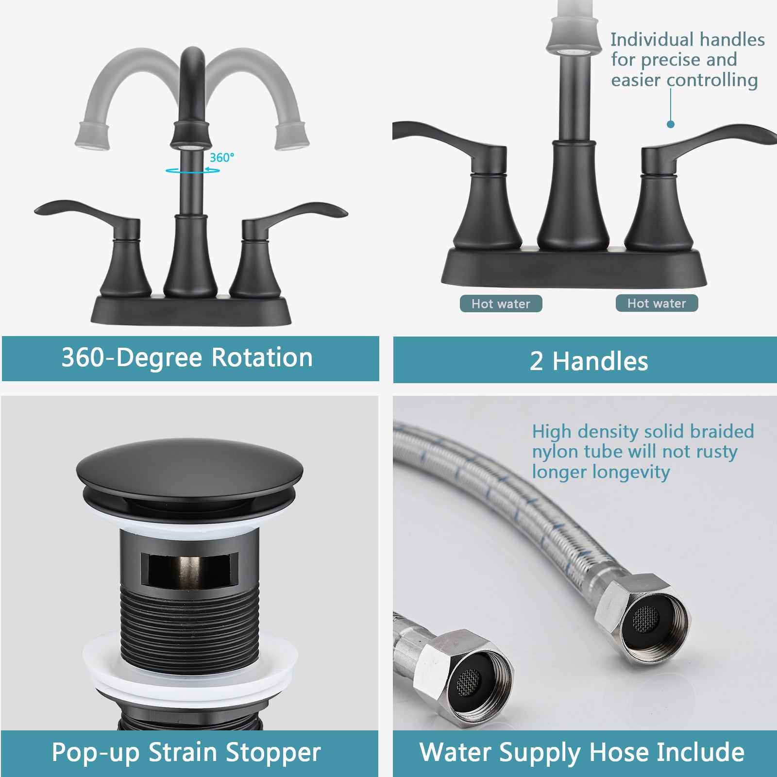4 inches Centerset Bathroom Faucet 360° Swivel Spout, with Pop Up Drain - Matte Black