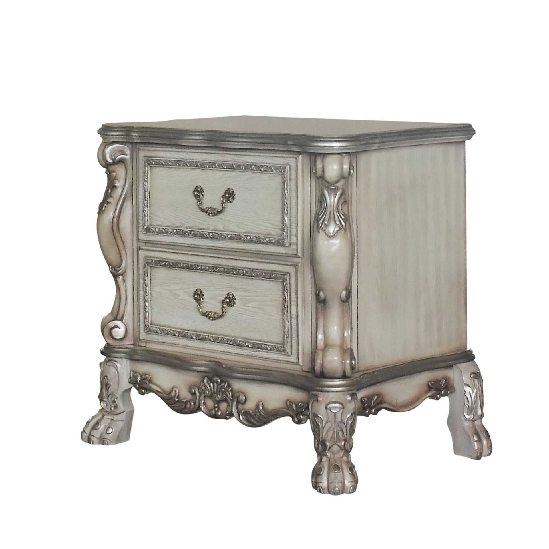 Traditional Elegant Nightstand with 2 Drawers Vintage Bone White Finish Wooden Luxury Bedroom Furniture 1pc Rococo Style