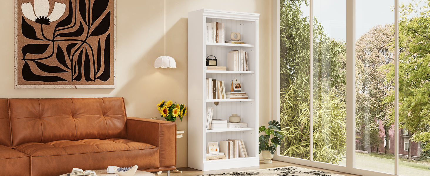 83.4" Tall Wood Bookcase with light strip,5-Tier Decor Bookshelves with Adjustable Shelves,Storage Organizer for CDs/Books,Free Standing Storage Shelves for Living Room,Home Office,White