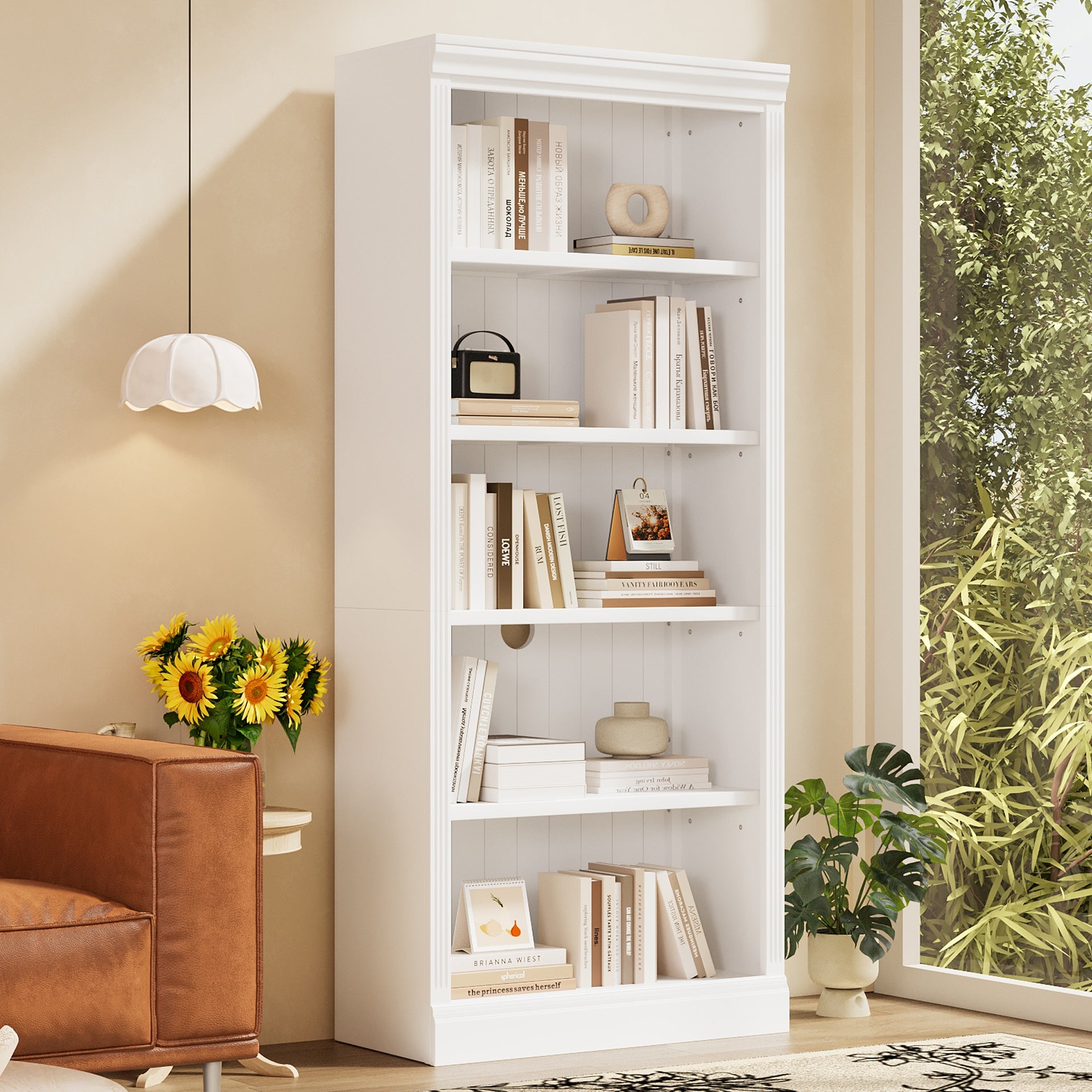 83.4" Tall Wood Bookcase with light strip,5-Tier Decor Bookshelves with Adjustable Shelves,Storage Organizer for CDs/Books,Free Standing Storage Shelves for Living Room,Home Office,White