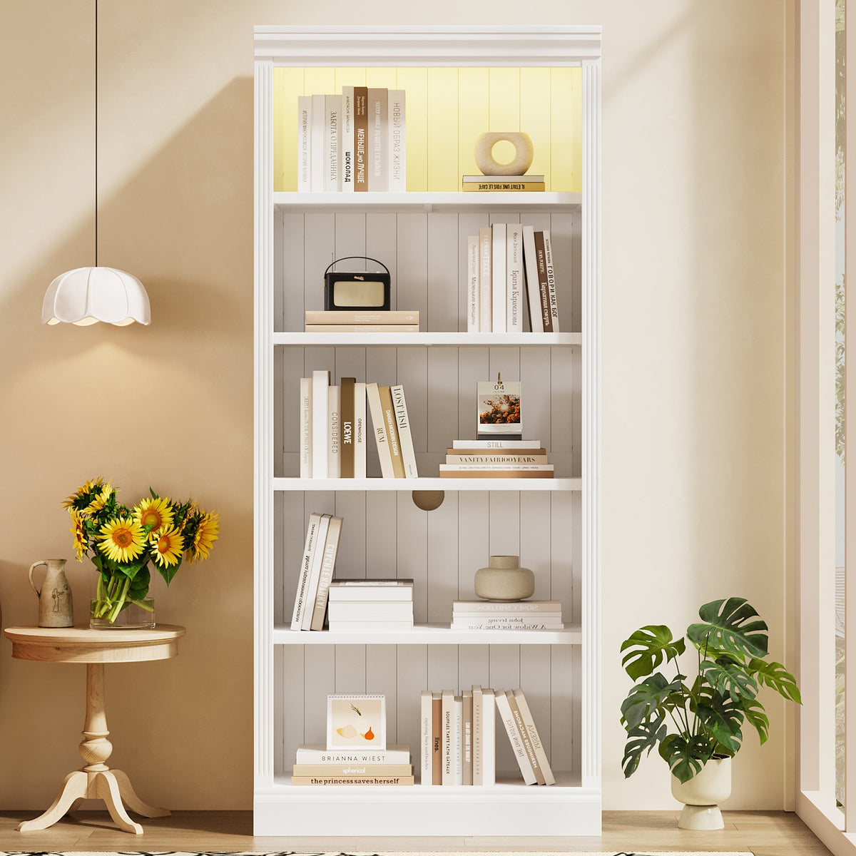 83.4" Tall Wood Bookcase with light strip,5-Tier Decor Bookshelves with Adjustable Shelves,Storage Organizer for CDs/Books,Free Standing Storage Shelves for Living Room,Home Office,White