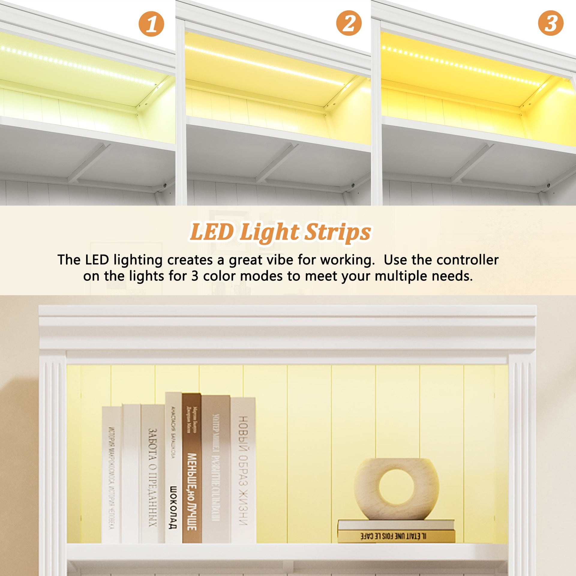 83.4" Tall Wood Bookcase with light strip,5-Tier Decor Bookshelves with Adjustable Shelves,Storage Organizer for CDs/Books,Free Standing Storage Shelves for Living Room,Home Office,White