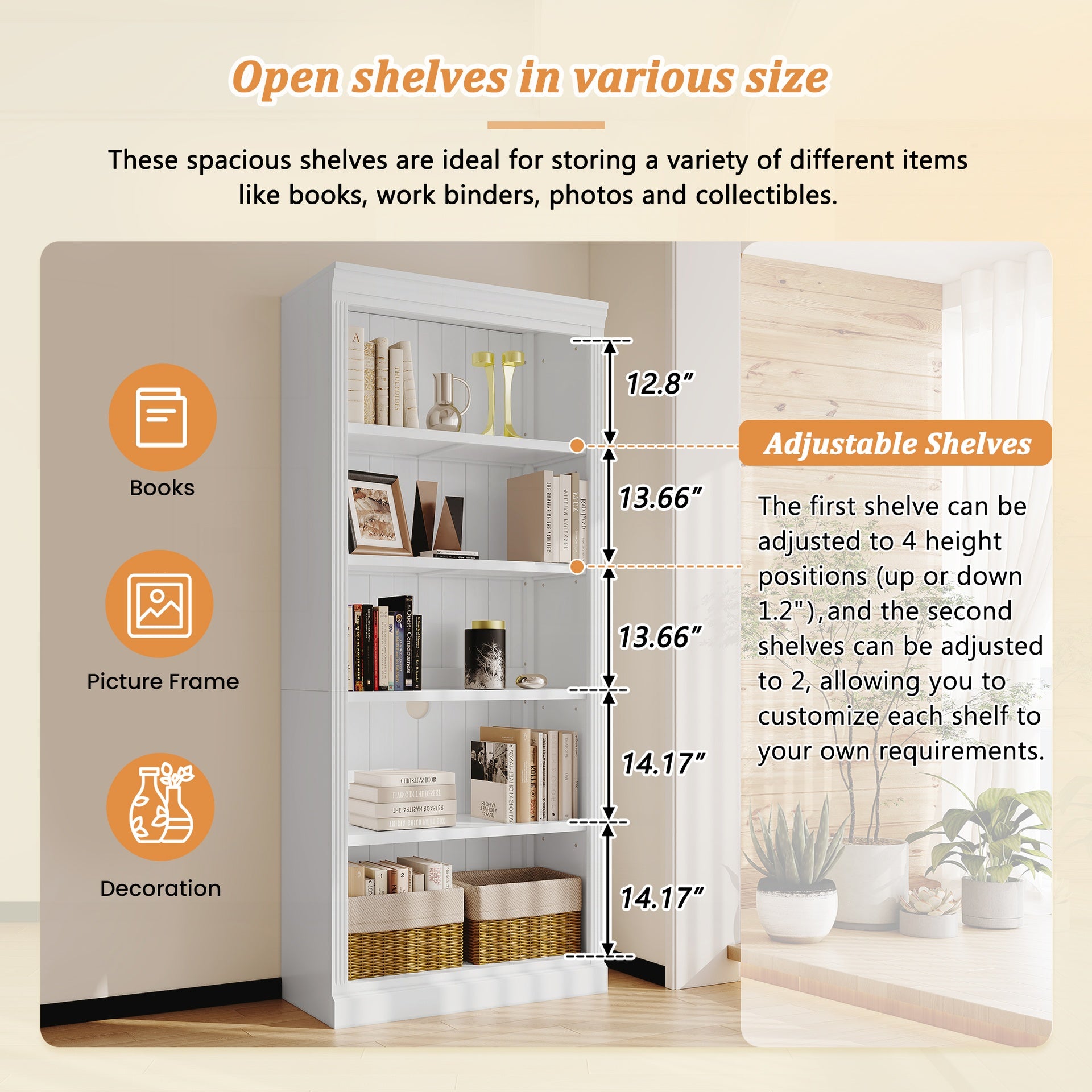 83.4" Tall Wood Bookcase with light strip,5-Tier Decor Bookshelves with Adjustable Shelves,Storage Organizer for CDs/Books,Free Standing Storage Shelves for Living Room,Home Office,White