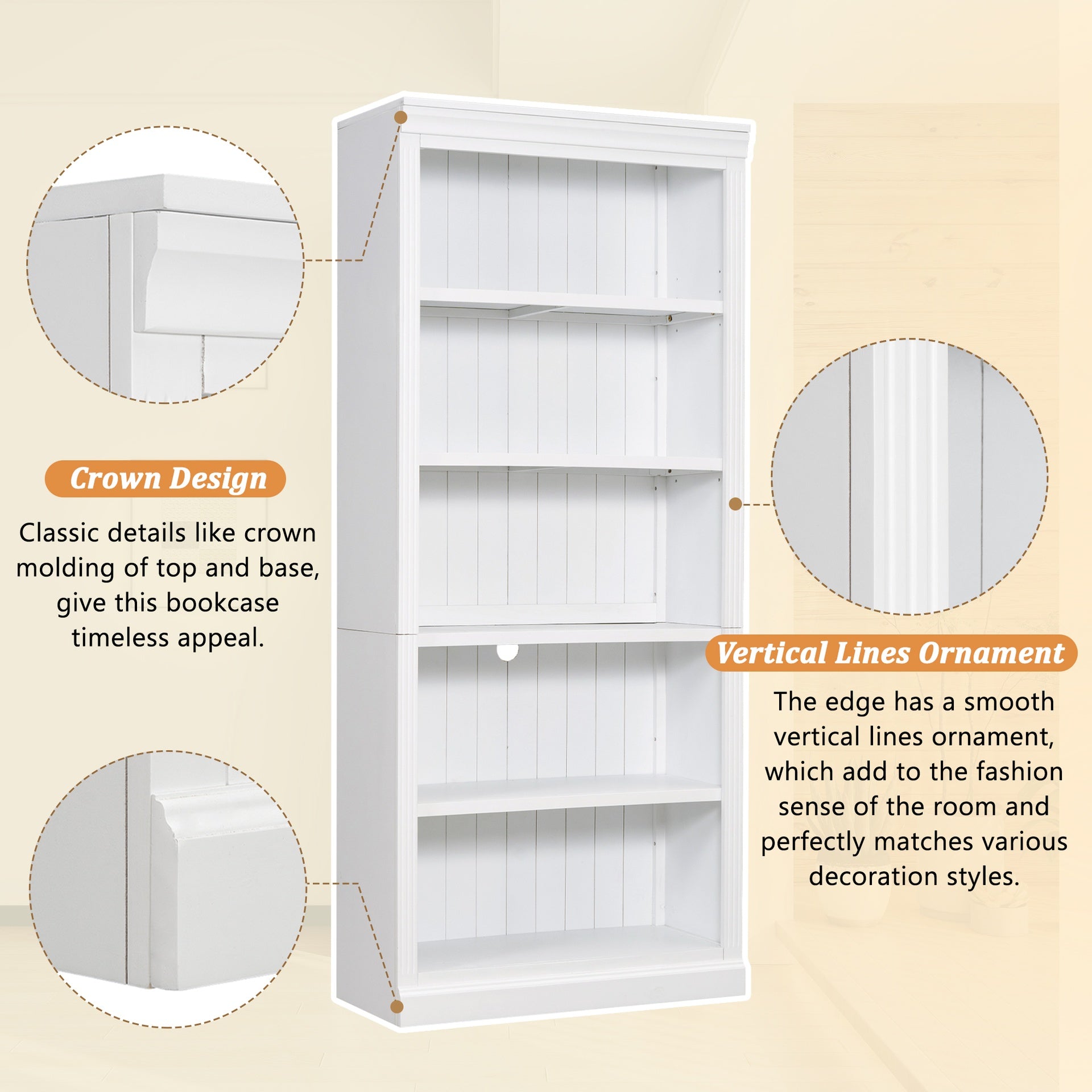 83.4" Tall Wood Bookcase with light strip,5-Tier Decor Bookshelves with Adjustable Shelves,Storage Organizer for CDs/Books,Free Standing Storage Shelves for Living Room,Home Office,White