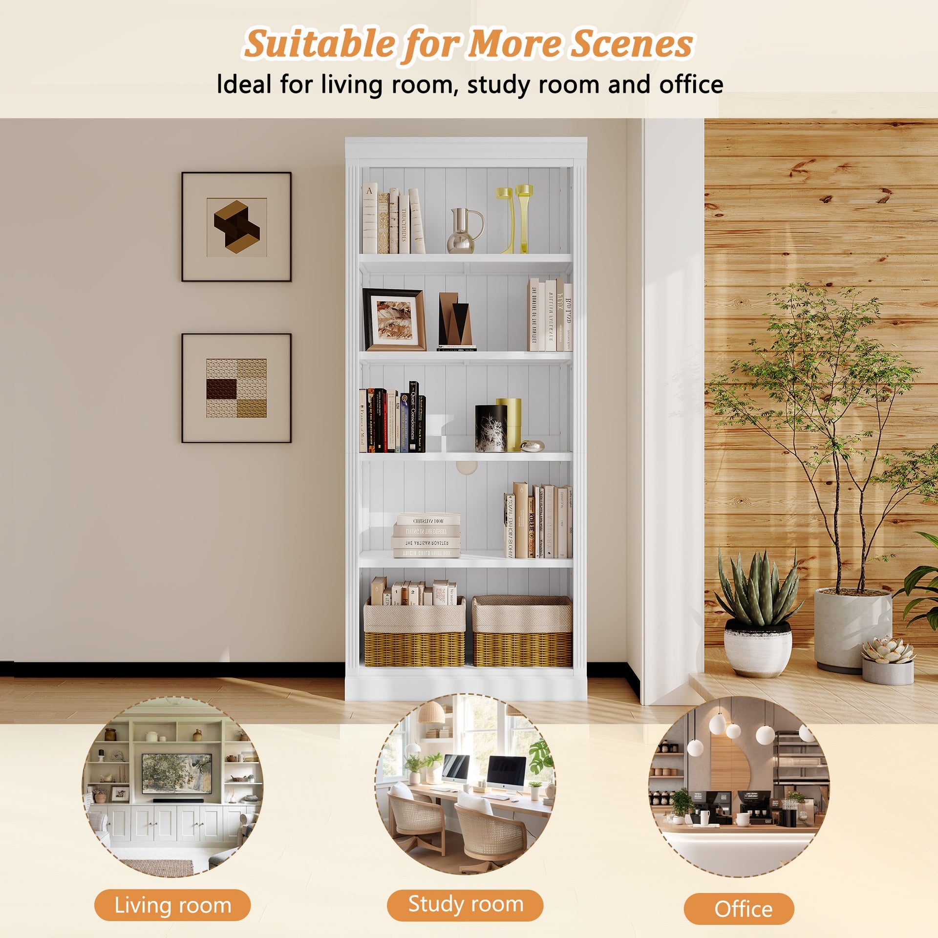 83.4" Tall Wood Bookcase with light strip,5-Tier Decor Bookshelves with Adjustable Shelves,Storage Organizer for CDs/Books,Free Standing Storage Shelves for Living Room,Home Office,White