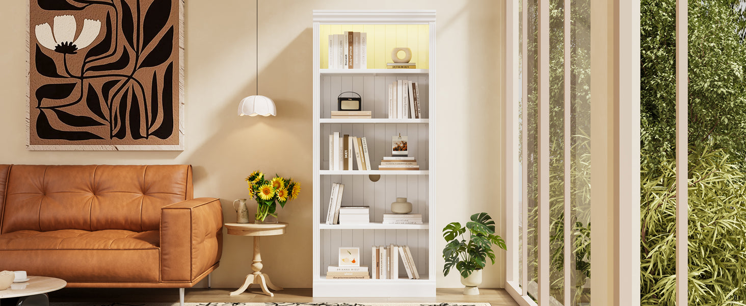83.4" Tall Wood Bookcase with light strip,5-Tier Decor Bookshelves with Adjustable Shelves,Storage Organizer for CDs/Books,Free Standing Storage Shelves for Living Room,Home Office,White