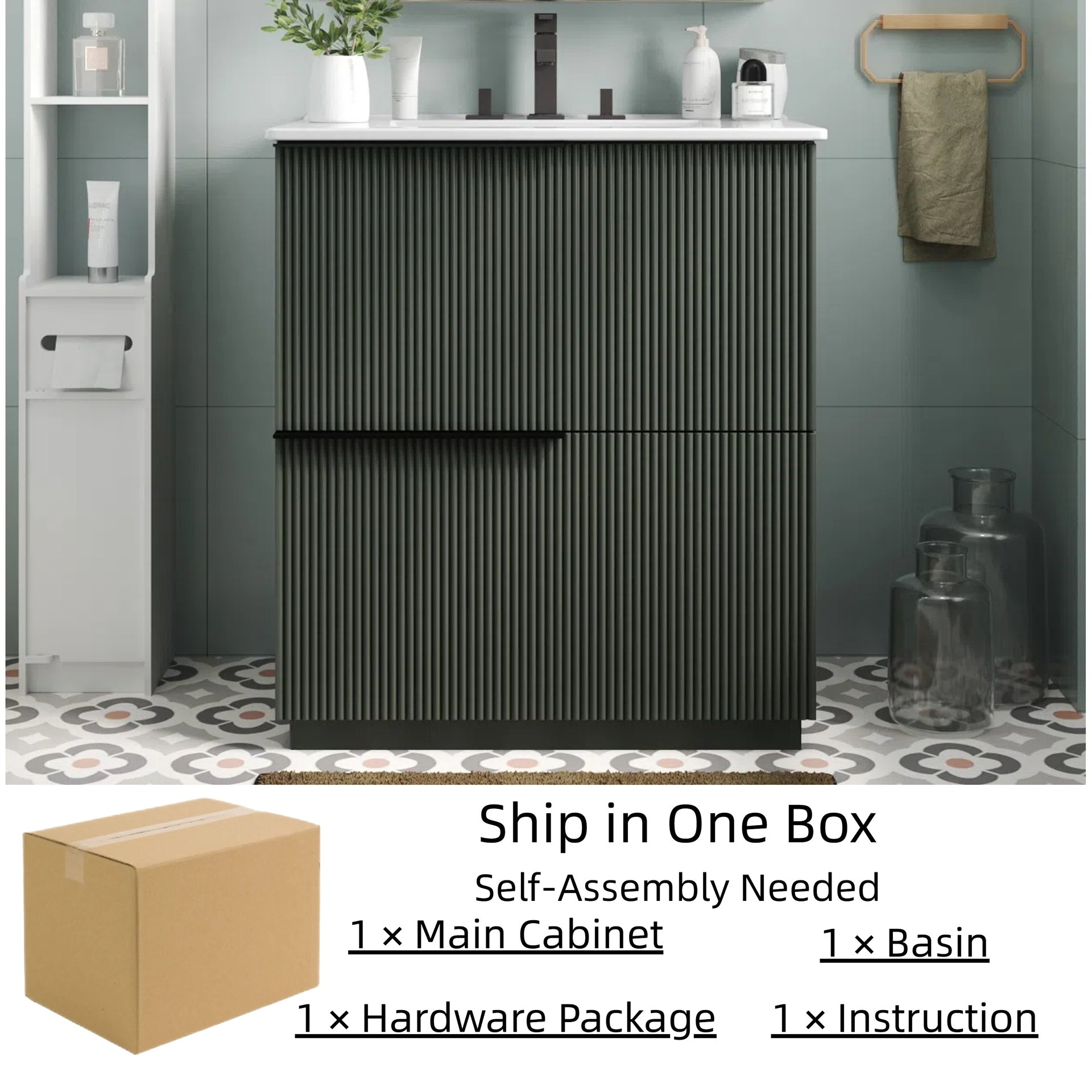30" Bathroom Vanity with Ceramic Sink and Full-Extension Drawers, Soft Close Undermount Drawer Slides,  Fluted Design, Green