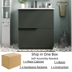 30" Bathroom Vanity with Ceramic Sink and Full-Extension Drawers, Soft Close Undermount Drawer Slides,  Fluted Design, Green