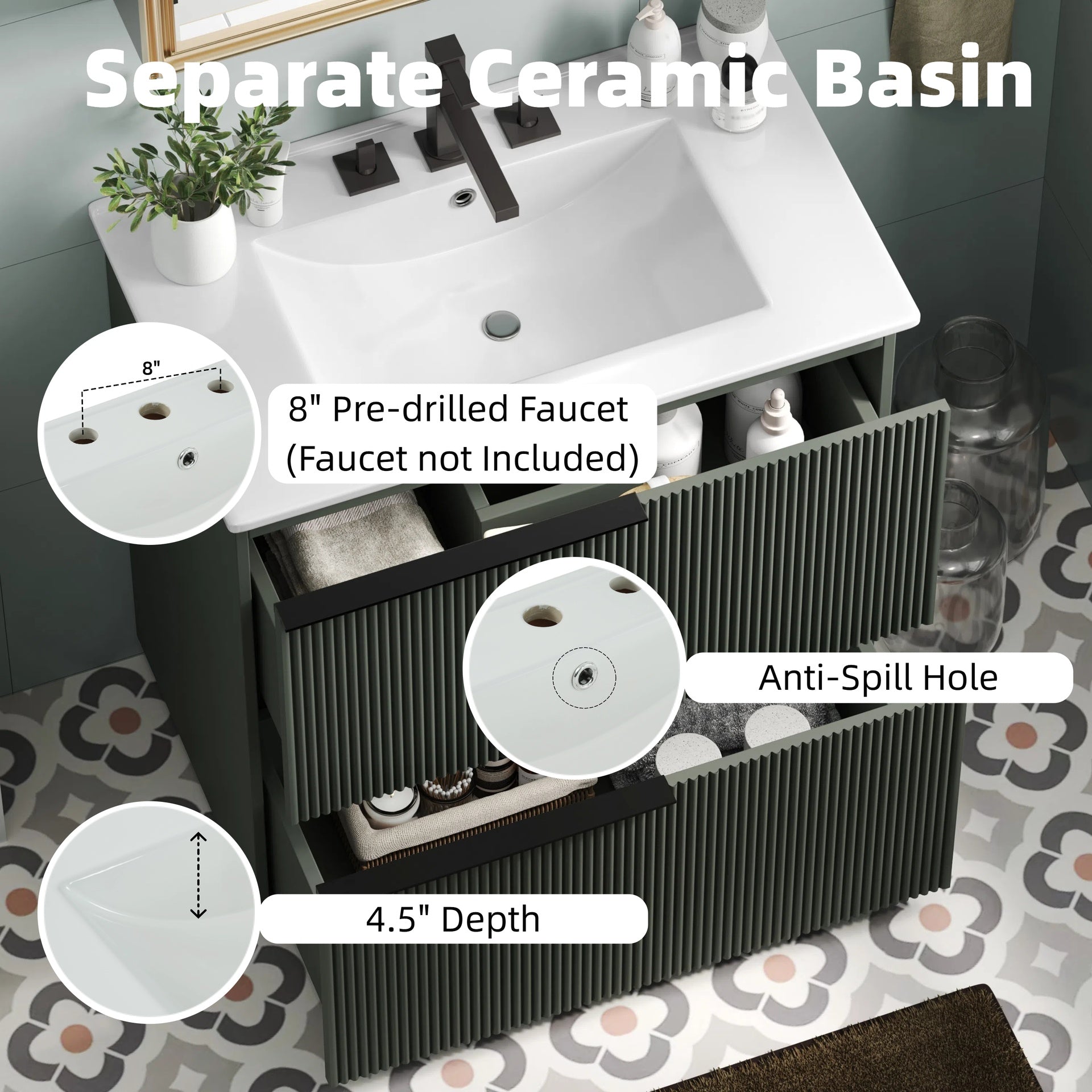30" Bathroom Vanity with Ceramic Sink and Full-Extension Drawers, Soft Close Undermount Drawer Slides,  Fluted Design, Green