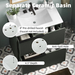 30" Bathroom Vanity with Ceramic Sink and Full-Extension Drawers, Soft Close Undermount Drawer Slides,  Fluted Design, Green