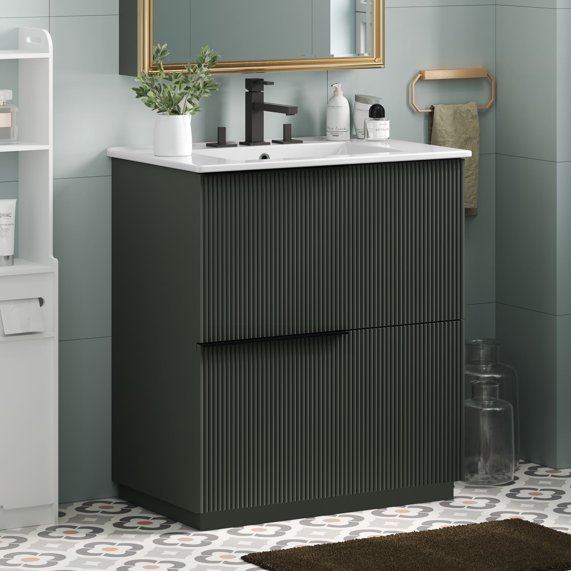 30" Bathroom Vanity with Ceramic Sink and Full-Extension Drawers, Soft Close Undermount Drawer Slides,  Fluted Design, Green