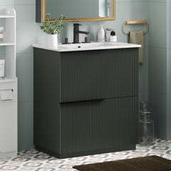 30" Bathroom Vanity with Ceramic Sink and Full-Extension Drawers, Soft Close Undermount Drawer Slides,  Fluted Design, Green