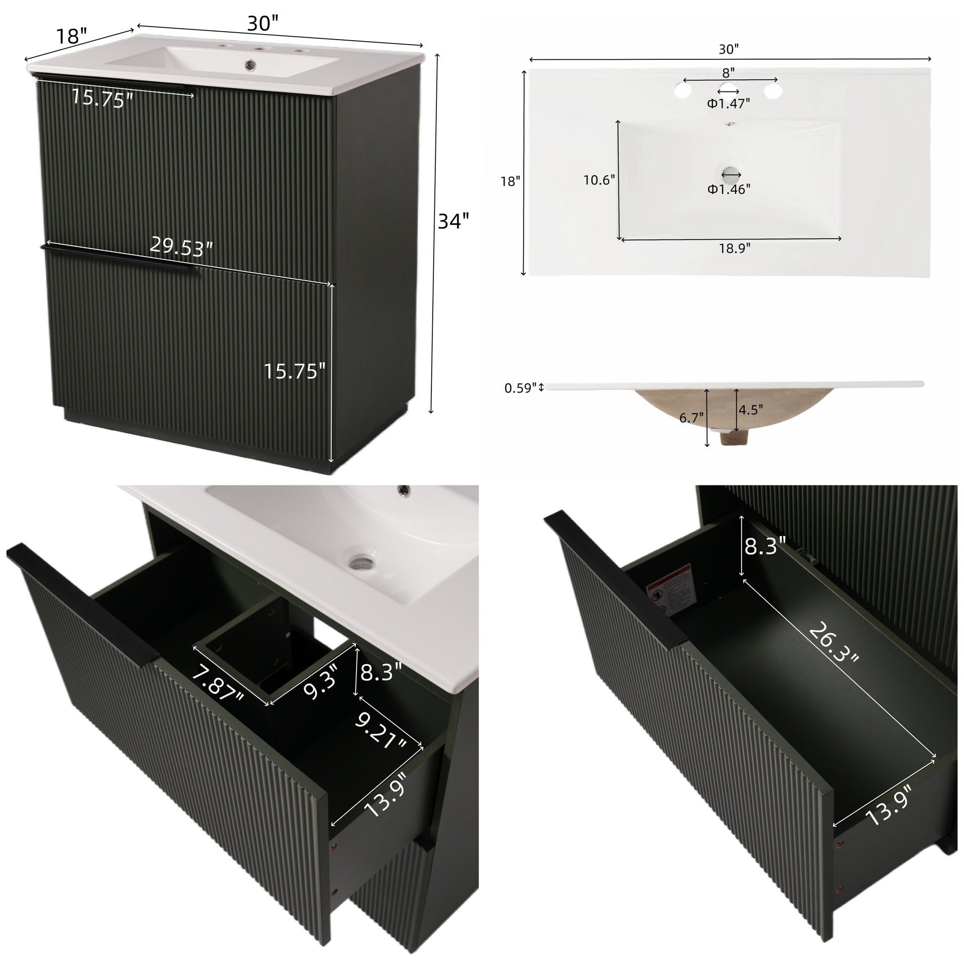 30" Bathroom Vanity with Ceramic Sink and Full-Extension Drawers, Soft Close Undermount Drawer Slides,  Fluted Design, Green