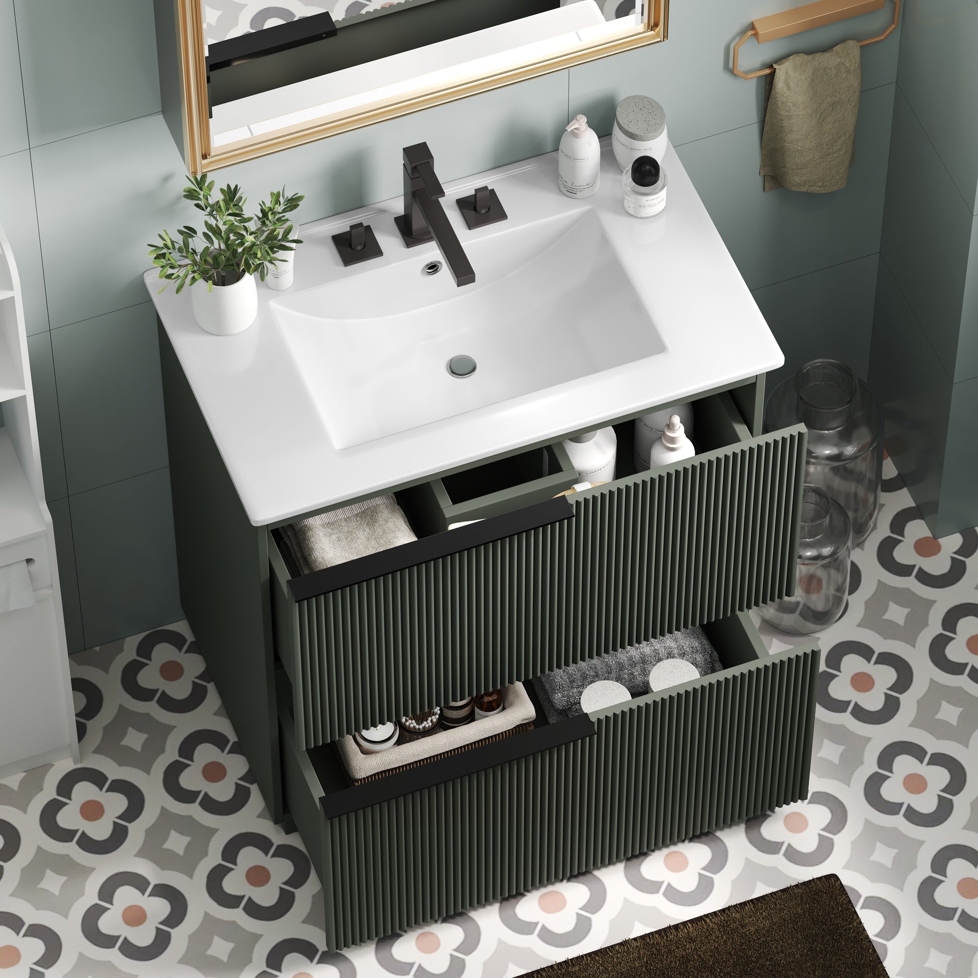 30" Bathroom Vanity with Ceramic Sink and Full-Extension Drawers, Soft Close Undermount Drawer Slides,  Fluted Design, Green