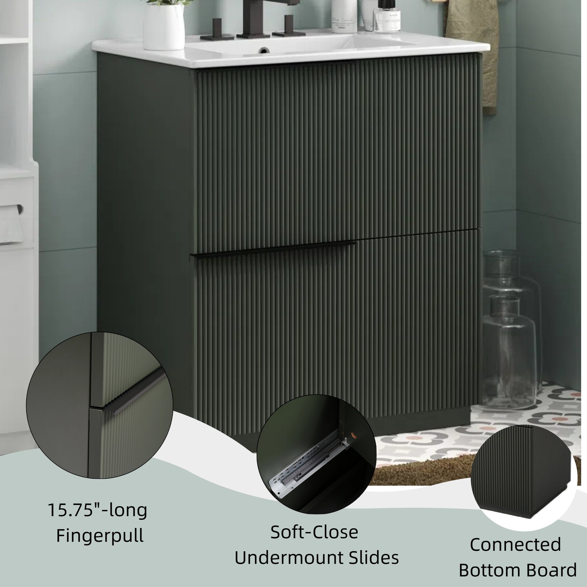 30" Bathroom Vanity with Ceramic Sink and Full-Extension Drawers, Soft Close Undermount Drawer Slides,  Fluted Design, Green