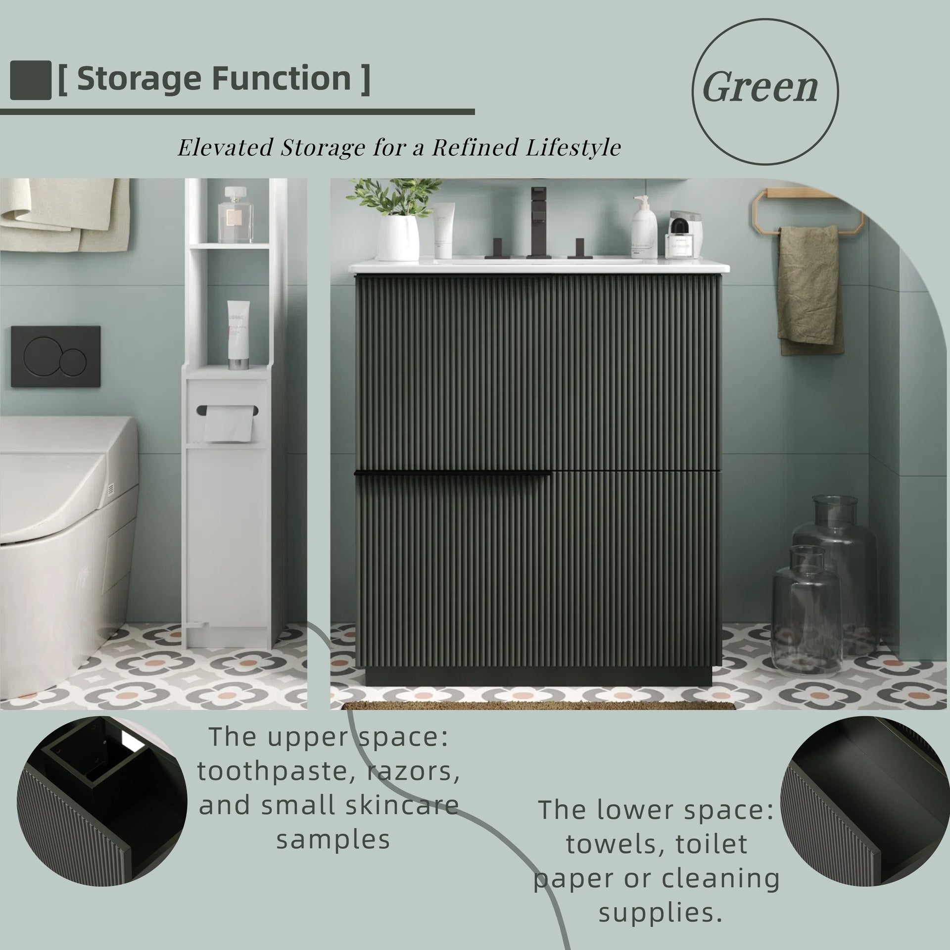 30" Bathroom Vanity with Ceramic Sink and Full-Extension Drawers, Soft Close Undermount Drawer Slides,  Fluted Design, Green