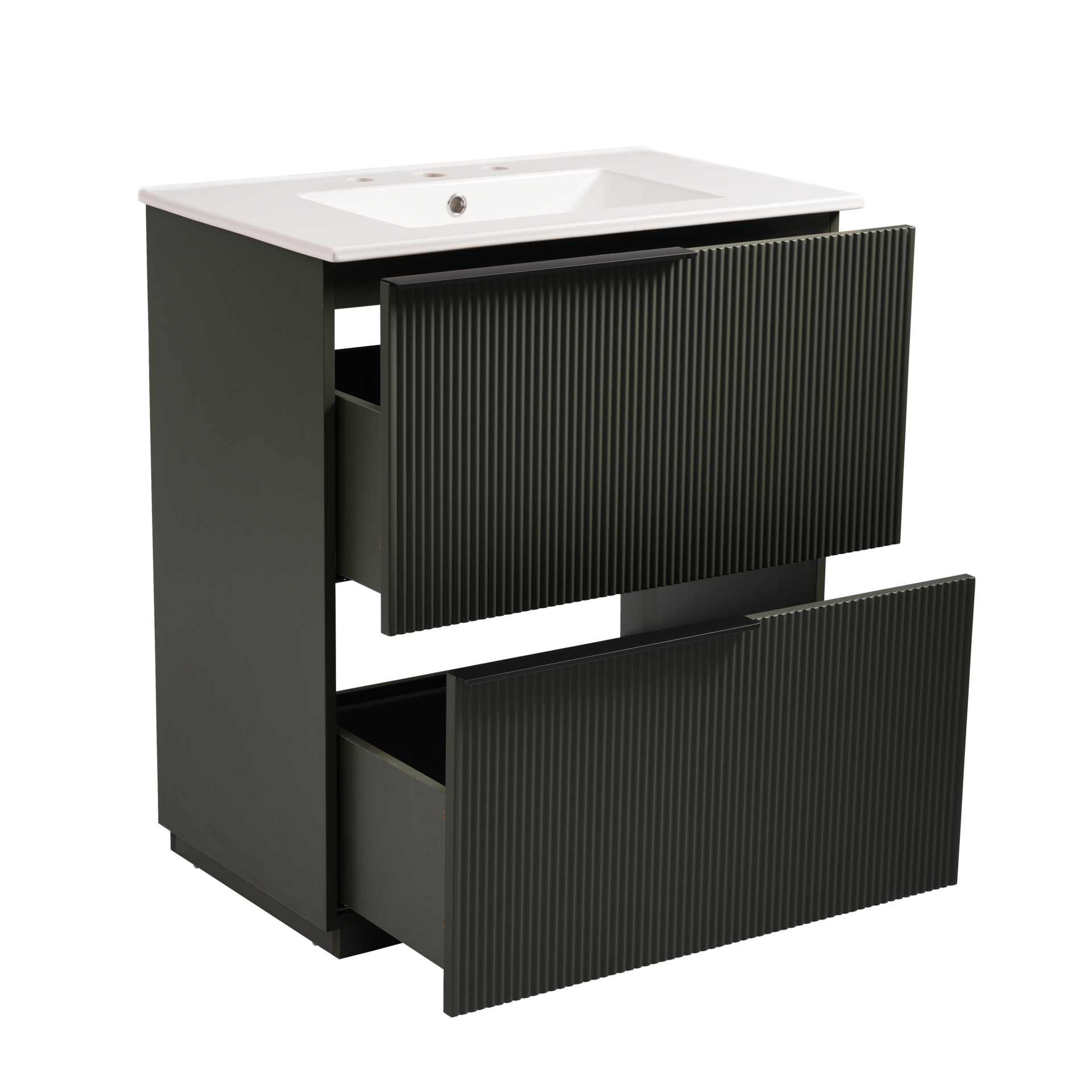 30" Bathroom Vanity with Ceramic Sink and Full-Extension Drawers, Soft Close Undermount Drawer Slides,  Fluted Design, Green