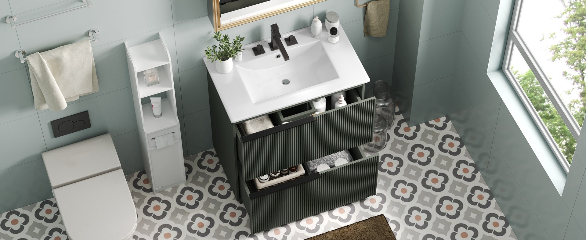 30" Bathroom Vanity with Ceramic Sink and Full-Extension Drawers, Soft Close Undermount Drawer Slides,  Fluted Design, Green