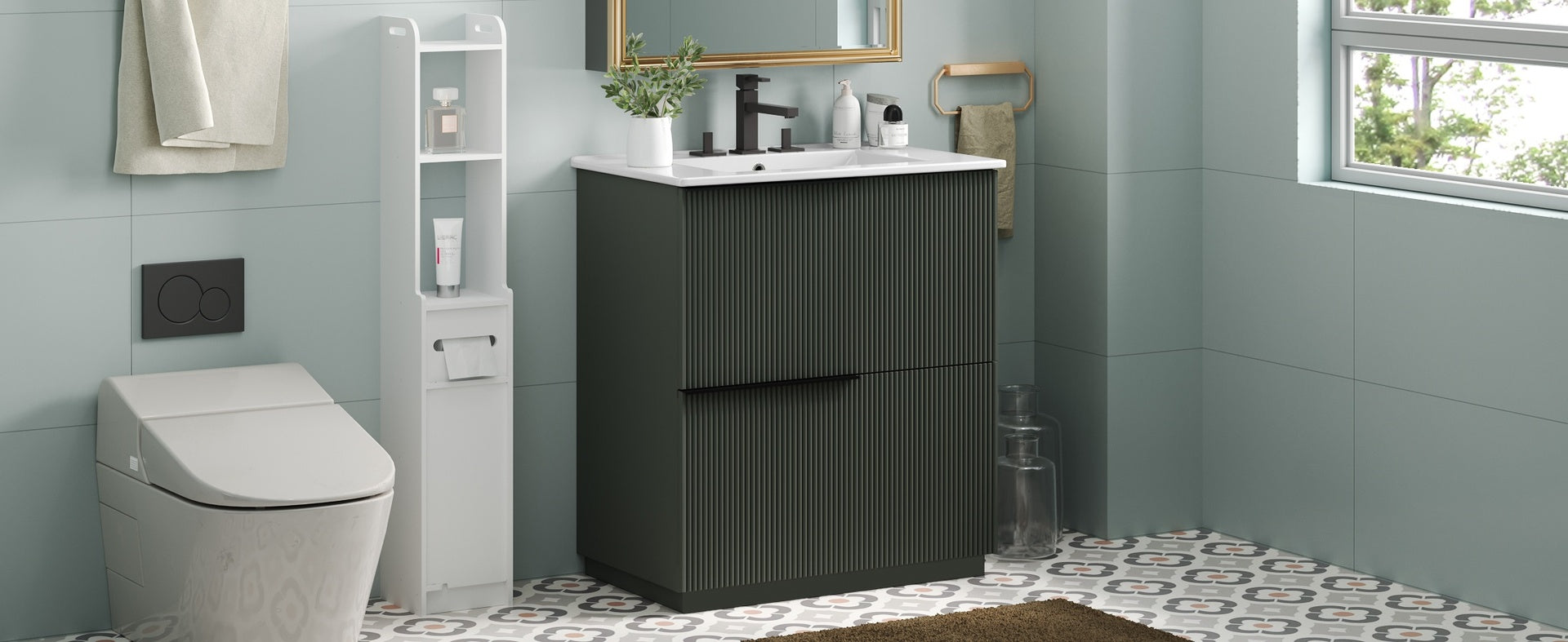 30" Bathroom Vanity with Ceramic Sink and Full-Extension Drawers, Soft Close Undermount Drawer Slides,  Fluted Design, Green