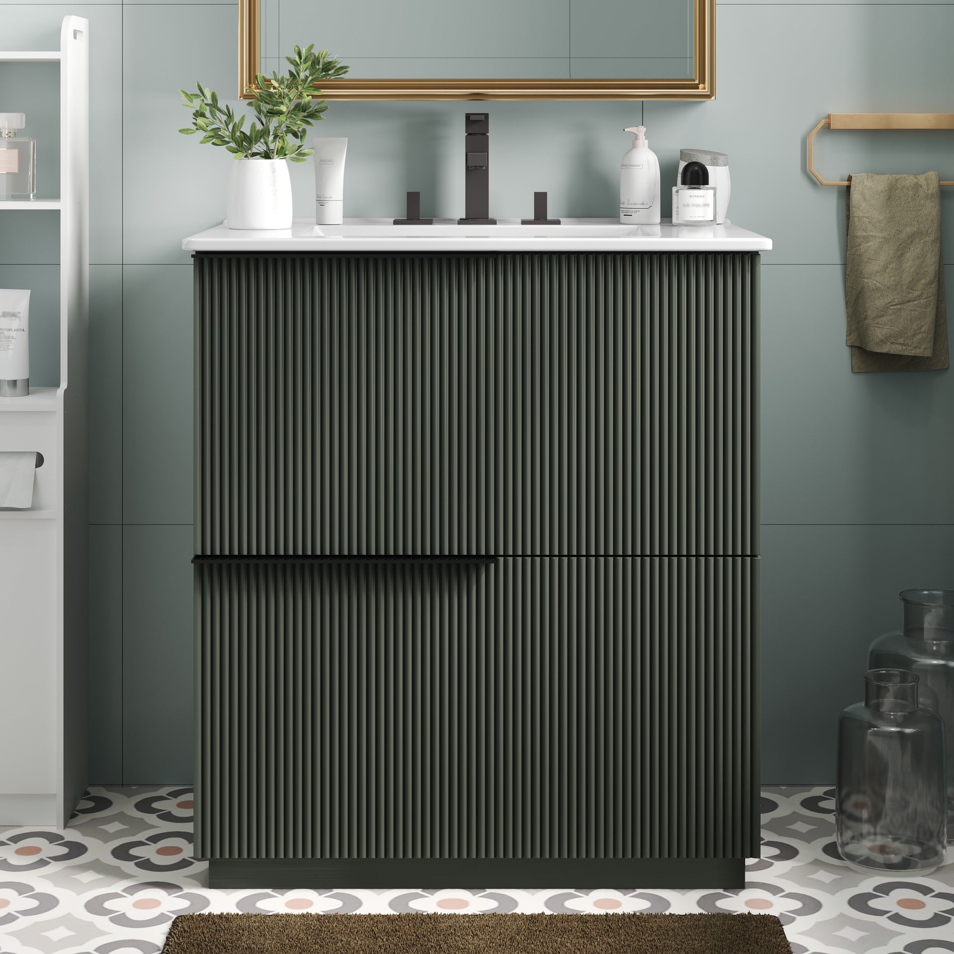 30" Bathroom Vanity with Ceramic Sink and Full-Extension Drawers, Soft Close Undermount Drawer Slides,  Fluted Design, Green