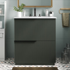 30" Bathroom Vanity with Ceramic Sink and Full-Extension Drawers, Soft Close Undermount Drawer Slides,  Fluted Design, Green