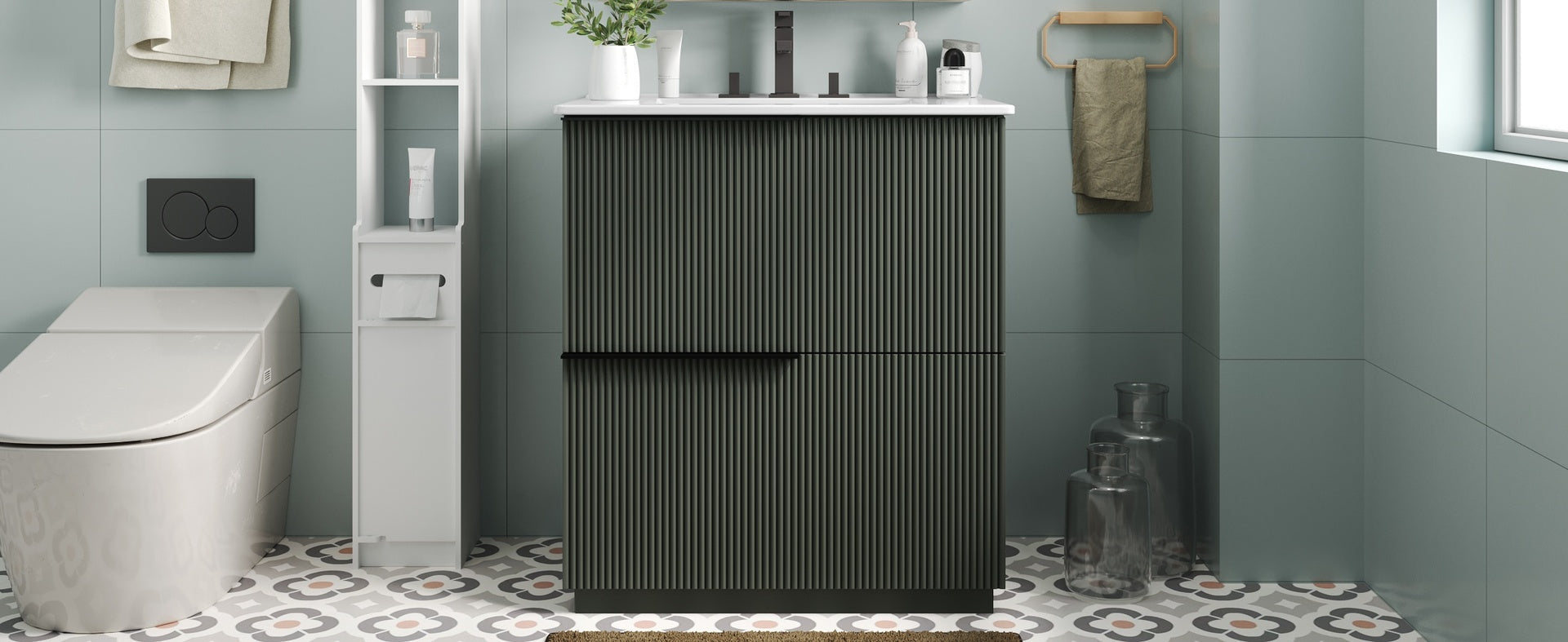 30" Bathroom Vanity with Ceramic Sink and Full-Extension Drawers, Soft Close Undermount Drawer Slides,  Fluted Design, Green