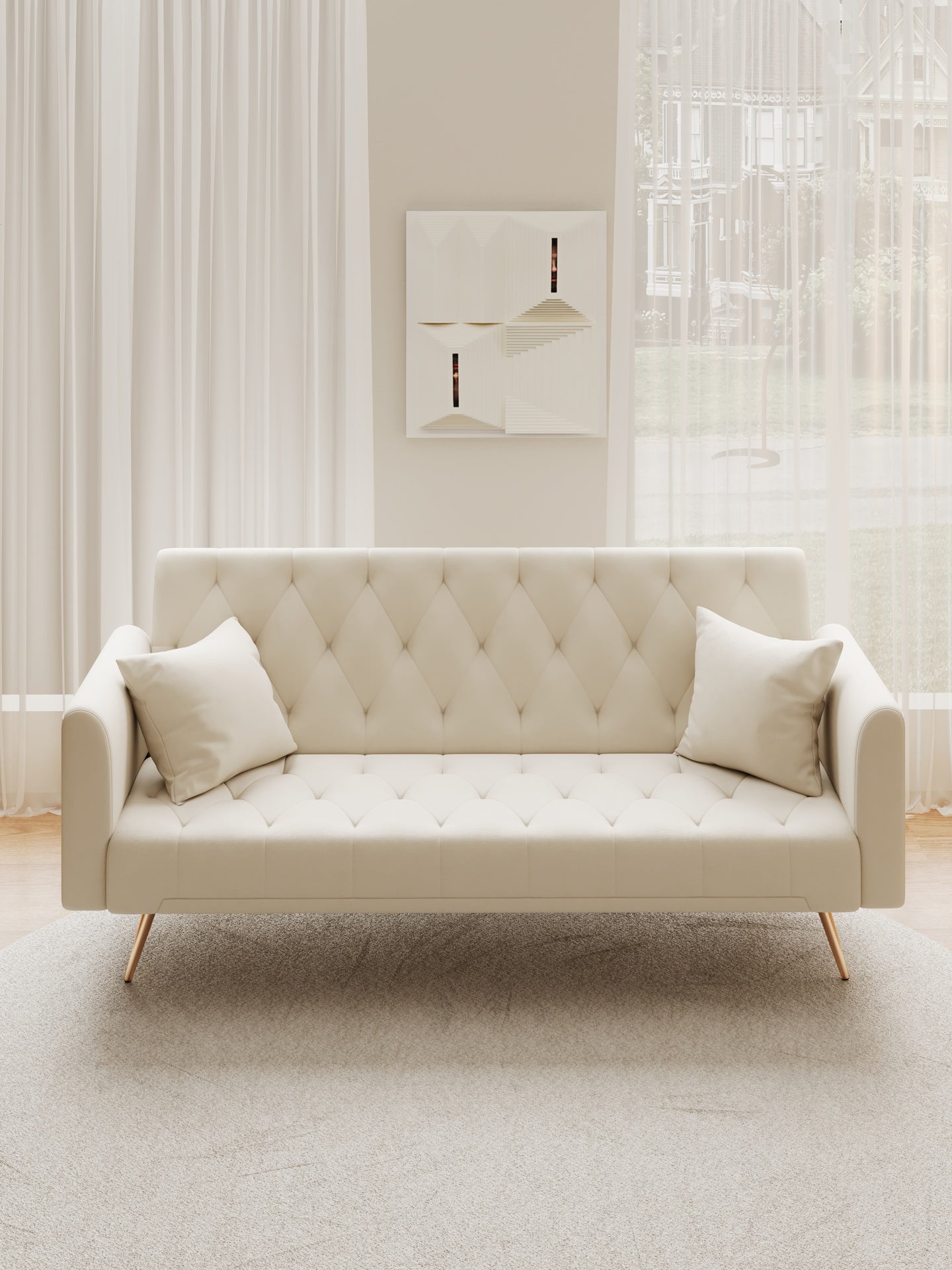 71 inch convertible love seat sofa, American retro beige velvet, suitable for small living room, bedroom, office