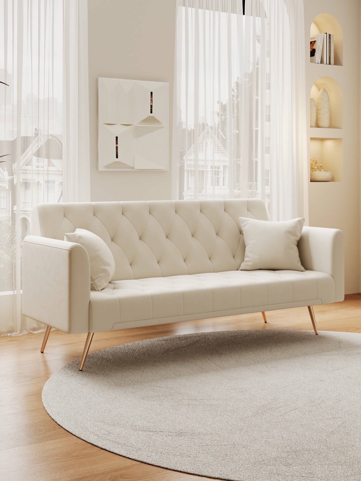 71 inch convertible love seat sofa, American retro beige velvet, suitable for small living room, bedroom, office