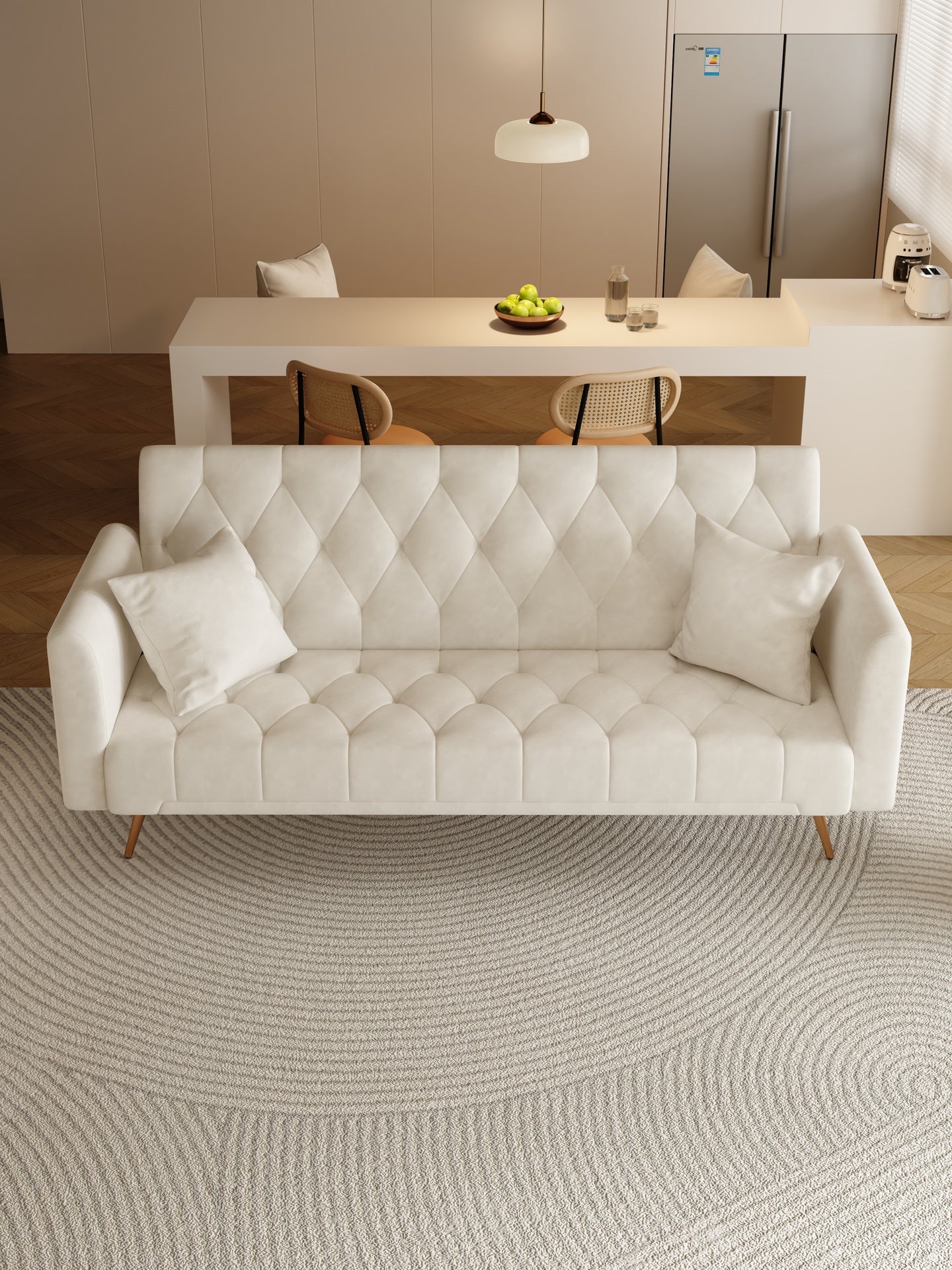 71 inch convertible love seat sofa, American retro beige velvet, suitable for small living room, bedroom, office