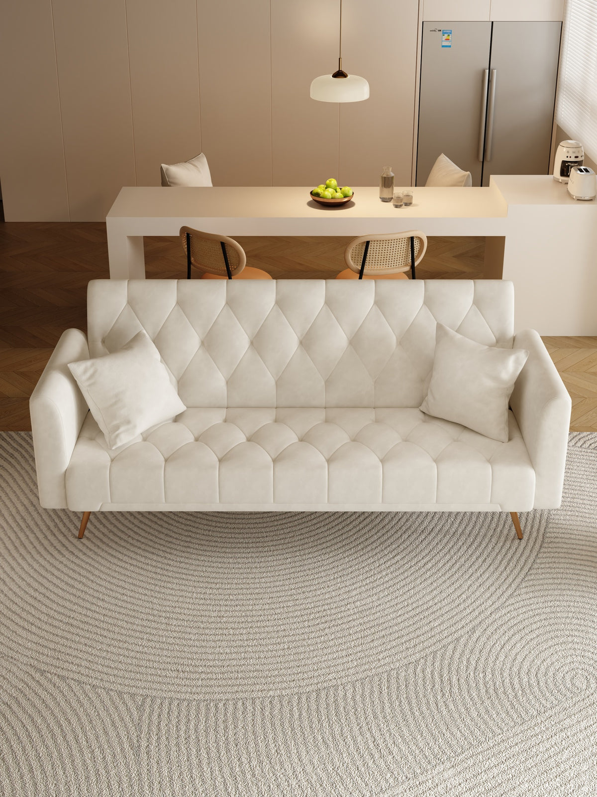 71 inch convertible love seat sofa, American retro beige velvet, suitable for small living room, bedroom, office