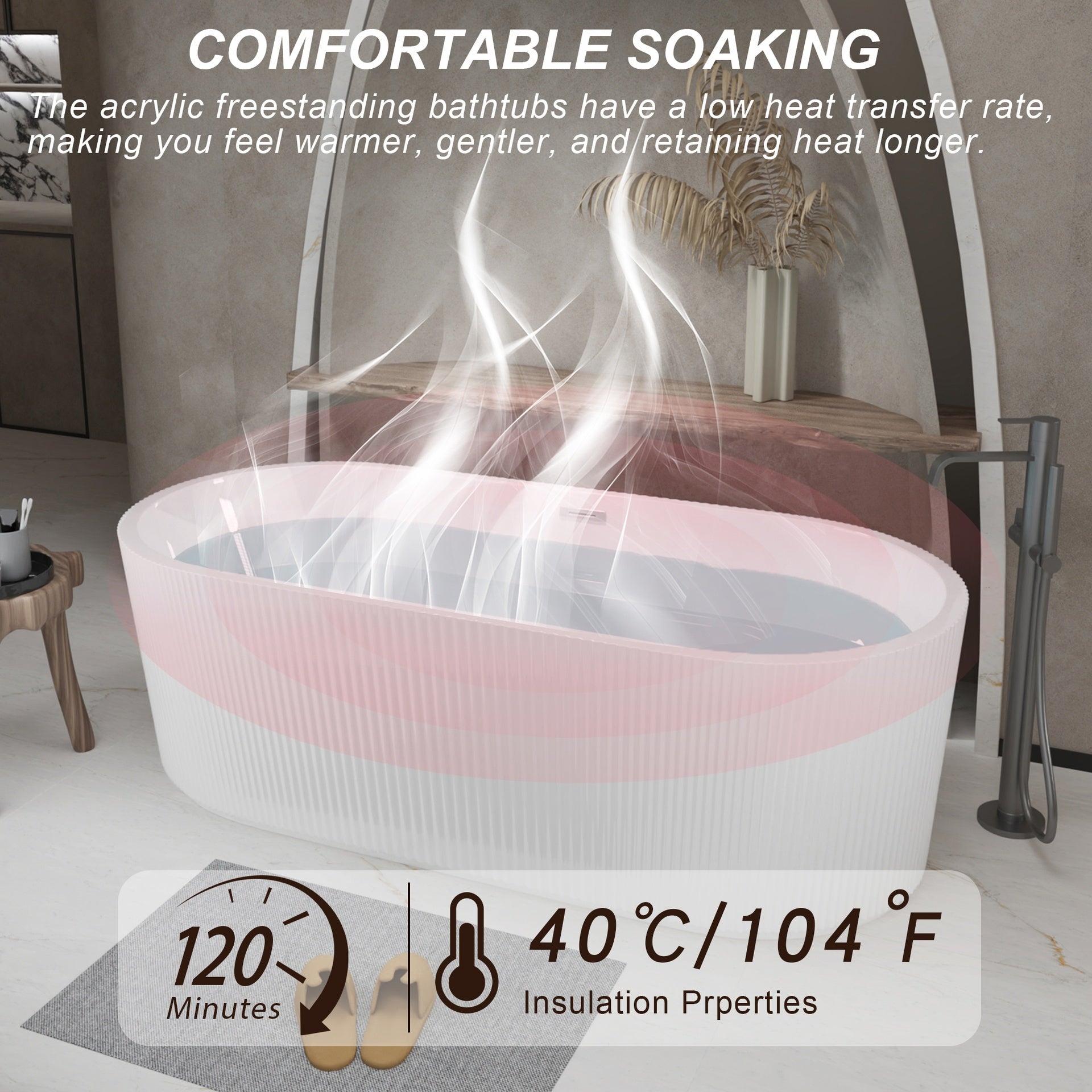 59"Linear AcrylicFreestanding Bathtub Stand Alone Soaker Tub, Glossy White Acrylic, POP-UP Chrome Drain, cUPC Certified
