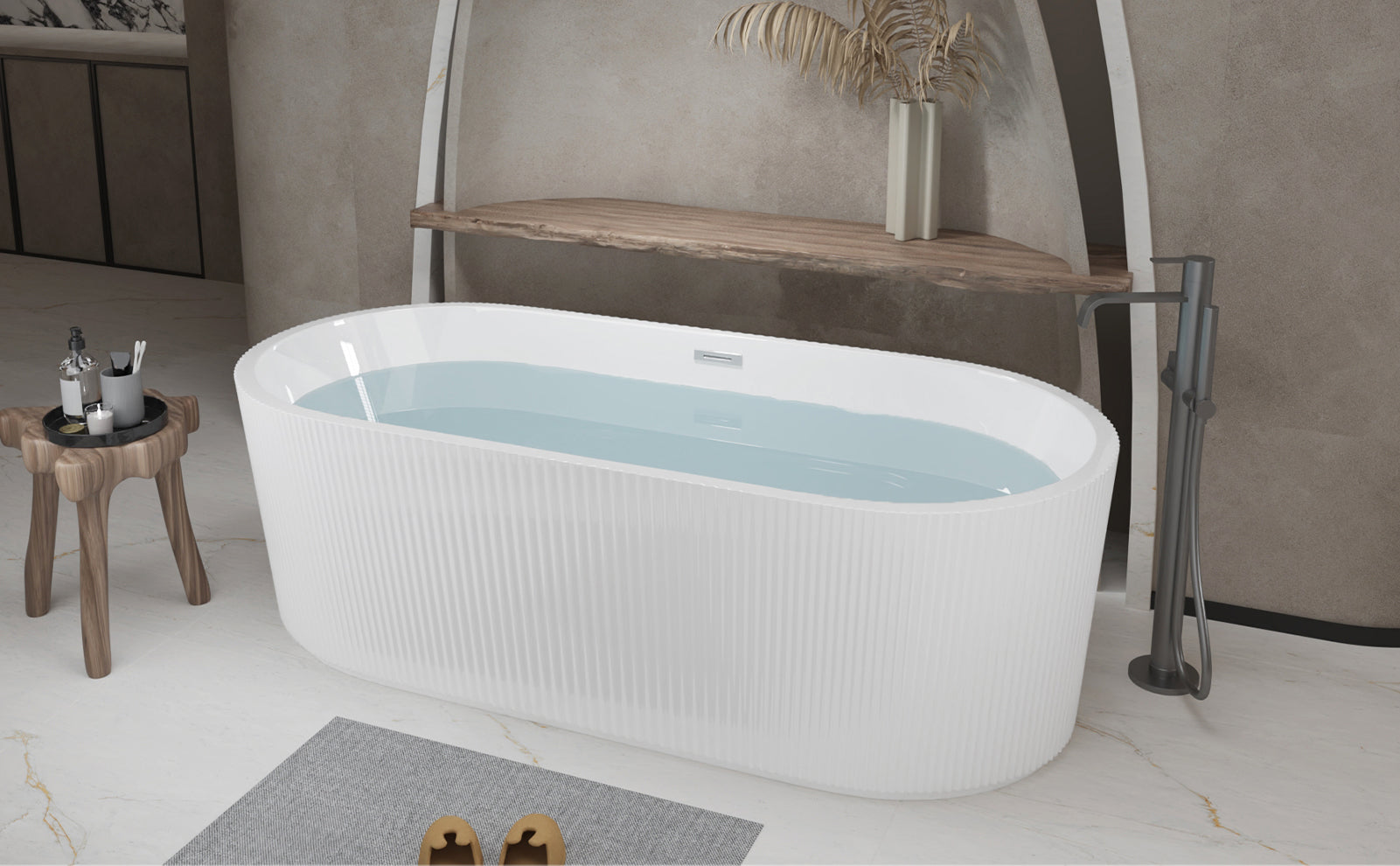 59"Linear AcrylicFreestanding Bathtub Stand Alone Soaker Tub, Glossy White Acrylic, POP-UP Chrome Drain, cUPC Certified